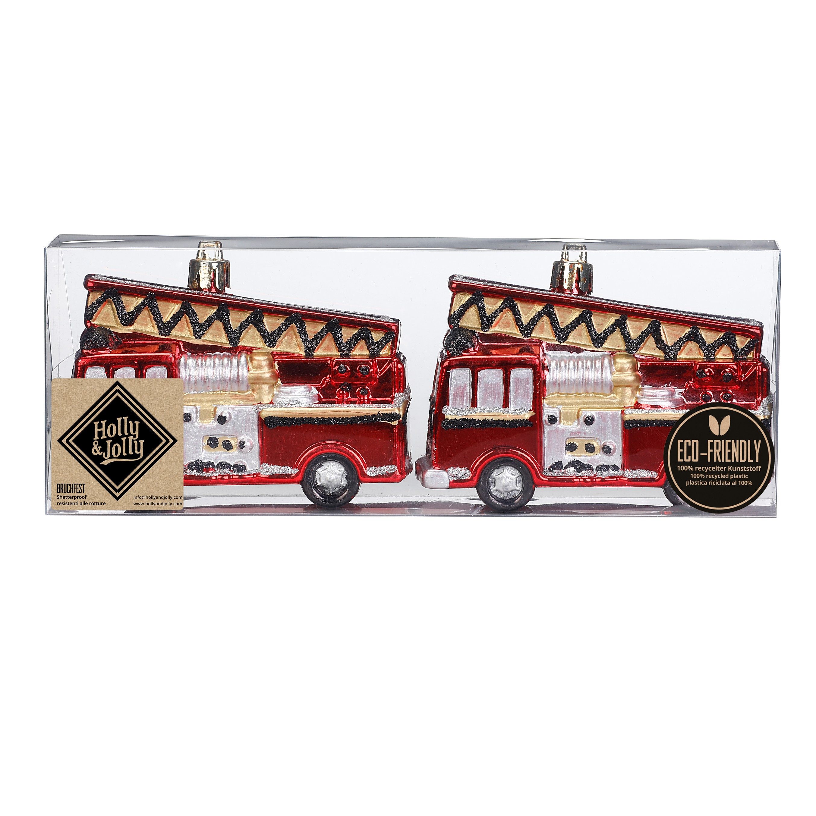 Holly & Jolly Christbaumschmuck, Christbaumschmuck Kunststoff 10cm Feuerwehrauto 2er Set Rot