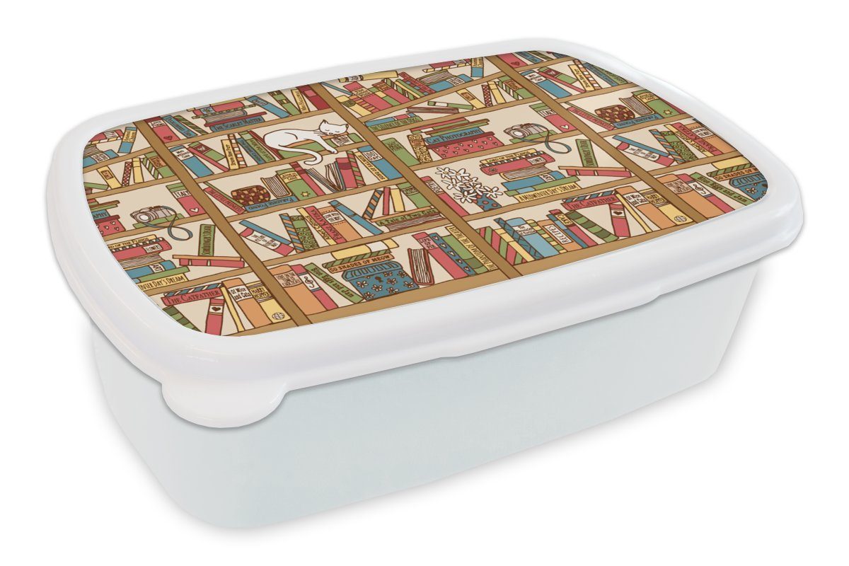 MuchoWow Lunchbox Muster - Katze - Buch - Jungen - Mädchen - Kinder - Kinder, Kunststoff, (2-tlg), Brotbox für Kinder und Erwachsene, Brotdose, für Jungs und Mädchen weiß