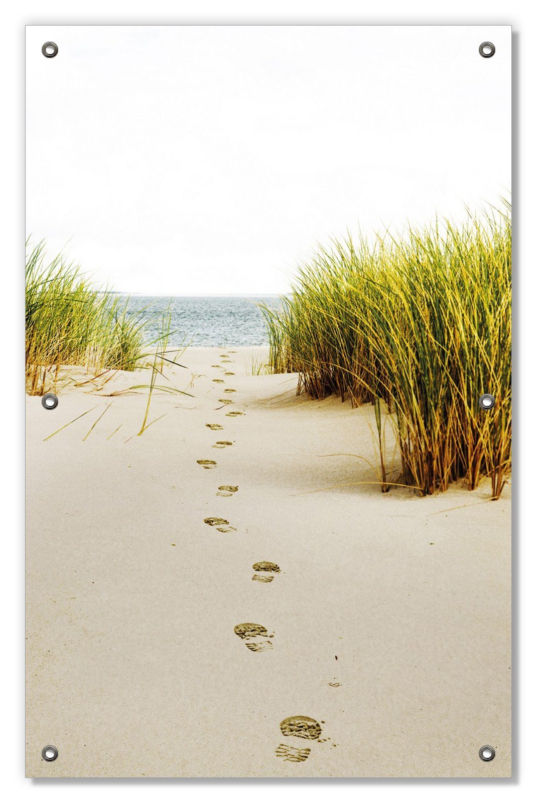 im wiederverwendbar Düne wiederablösbar Wallario, Fußspuren und mit blickdicht, Meer, Sonnenschutz Saugnäpfen, die durch Spuren zum Sand-