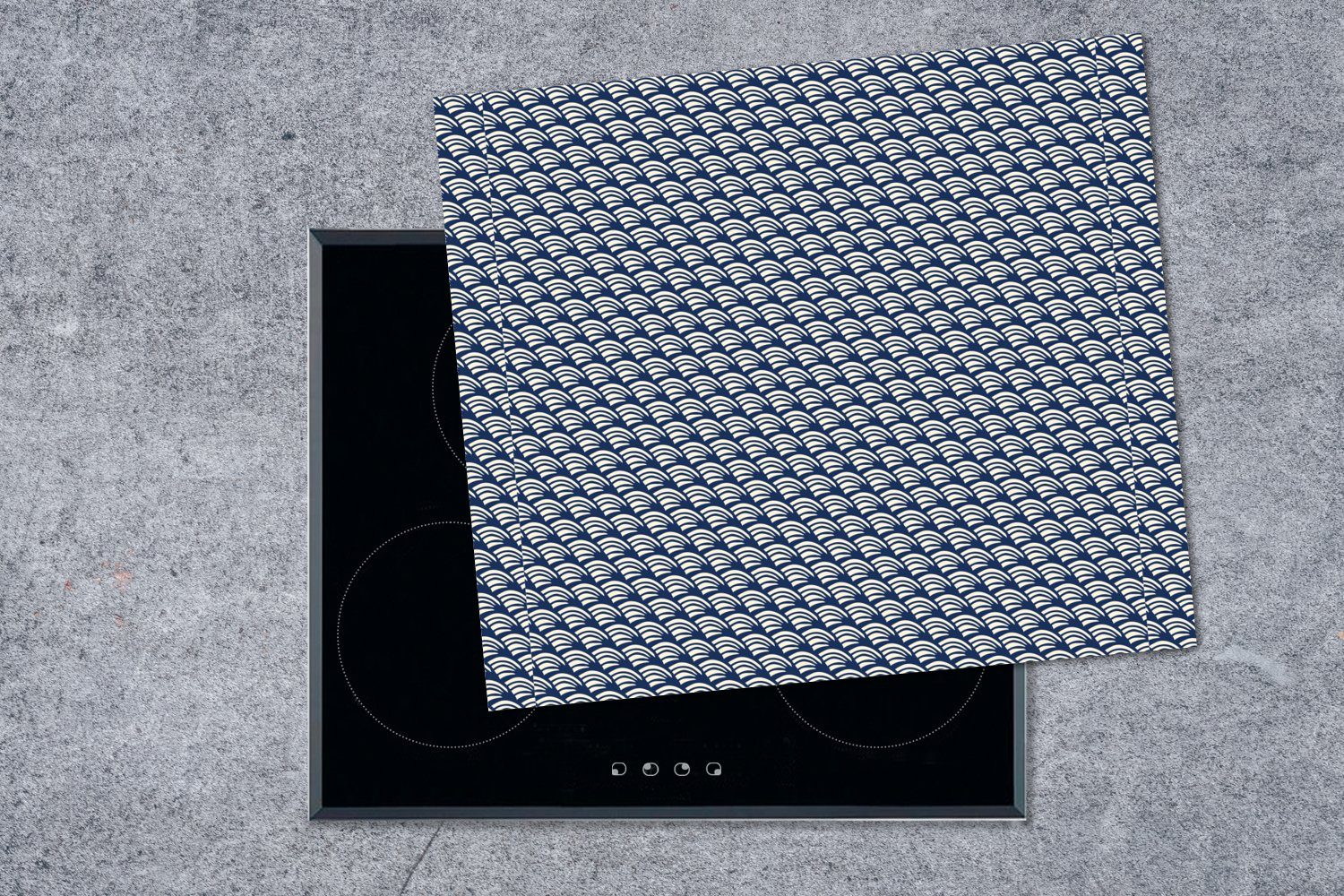 (1 - Weiß - Muster, nutzbar, - Blau Herdblende-/Abdeckplatte Japan MuchoWow Vinyl, tlg), 60x52 Arbeitsfläche Ceranfeldabdeckung cm, Mobile
