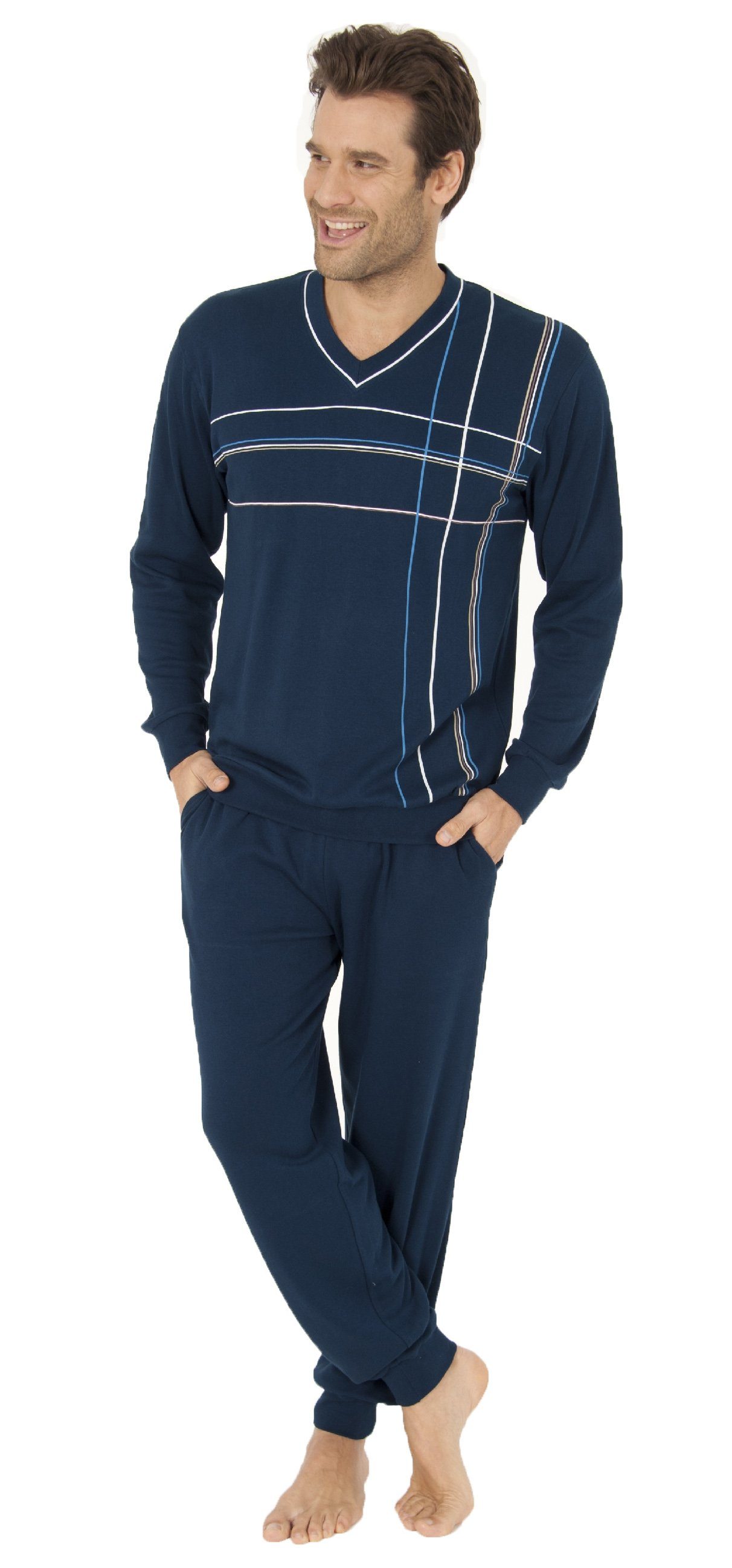 Normann Pyjama Eleganter Herren Pyjama Schlafanzug mit Bündchen und V-Aussc günstig online kaufen