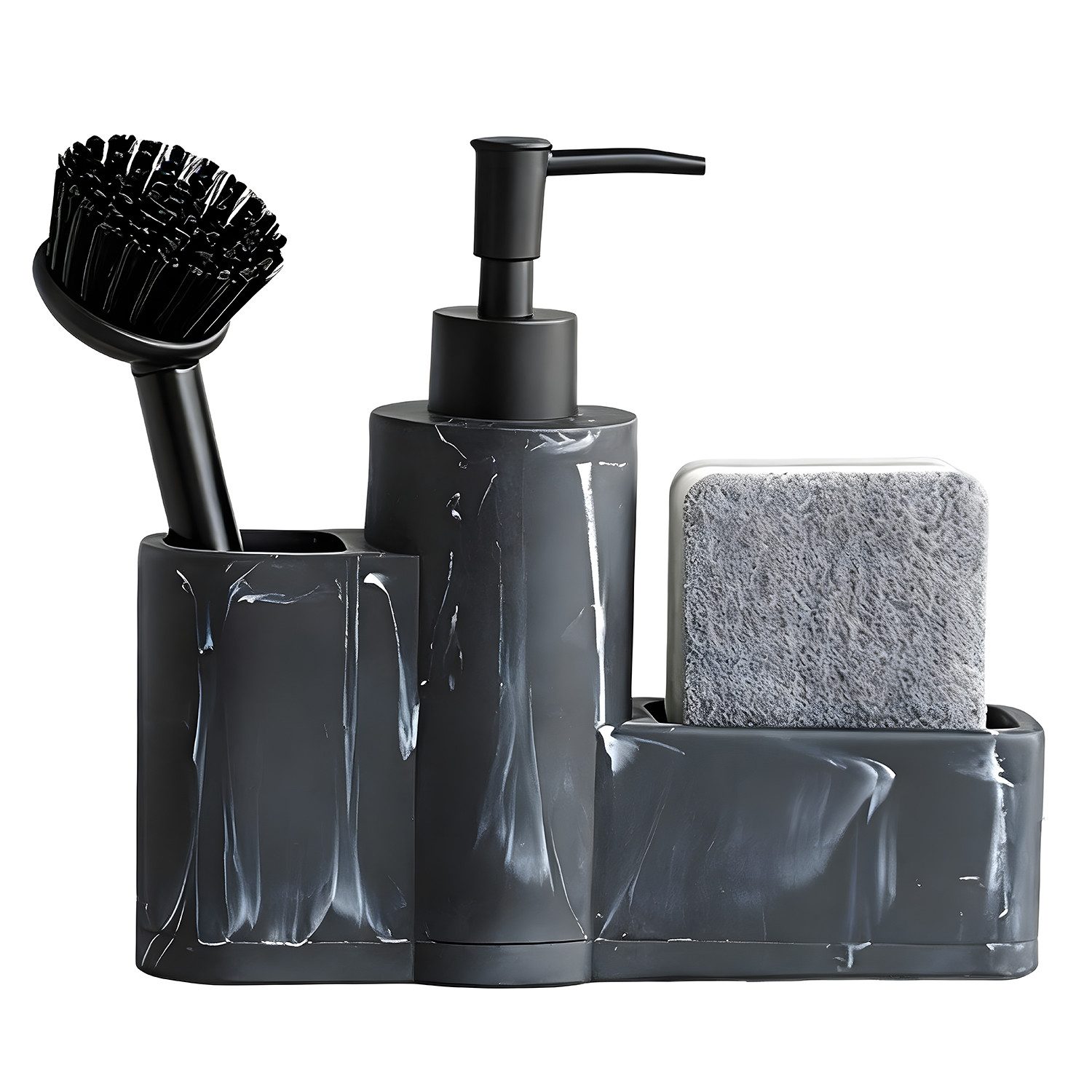 HEYHIPPO Seifenspender Küchenseifenspender,Badezimmer-Accessoire-Set, Spülbürsten-Set schwarz, (3-in-1 Spülbecken-Reinigungsset mit Bürste 20×19,5cm), Marmorstruktur Spülmittelspender,Küchenspülen-Organizer,Schwammhalter