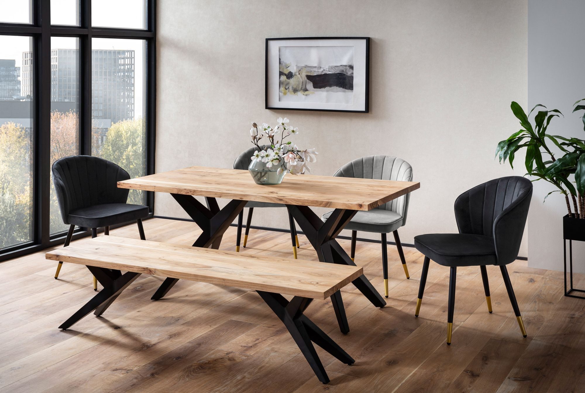 FINEBUY Esstisch FB66278 160cm Industrial Esszimmertisch Akazie Massivholz Holztisch (Akazie Massivholz Rechteckig, 160x80x76 cm, Modern), Holztisch Esszimmer Modern, Esszimmertisch Groß