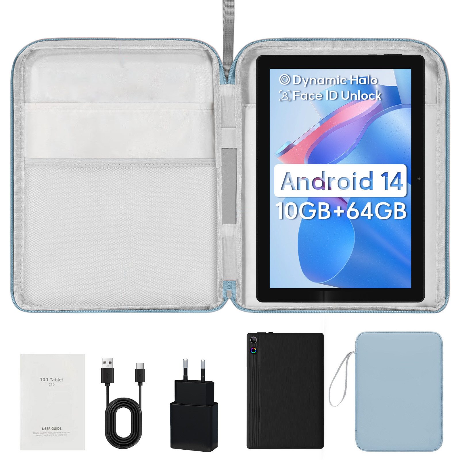 BUFO Android 14 10 Zoll 10GB RAM+64GB, 1280x800 HD IPS, WiFi 6, mit Tasche Tablet (10", 64 GB, Android 14, 2,4G/5G WiFi, Gesichtsentsperrung, 64GB ROM bis zu 1TB, mit Tasche)