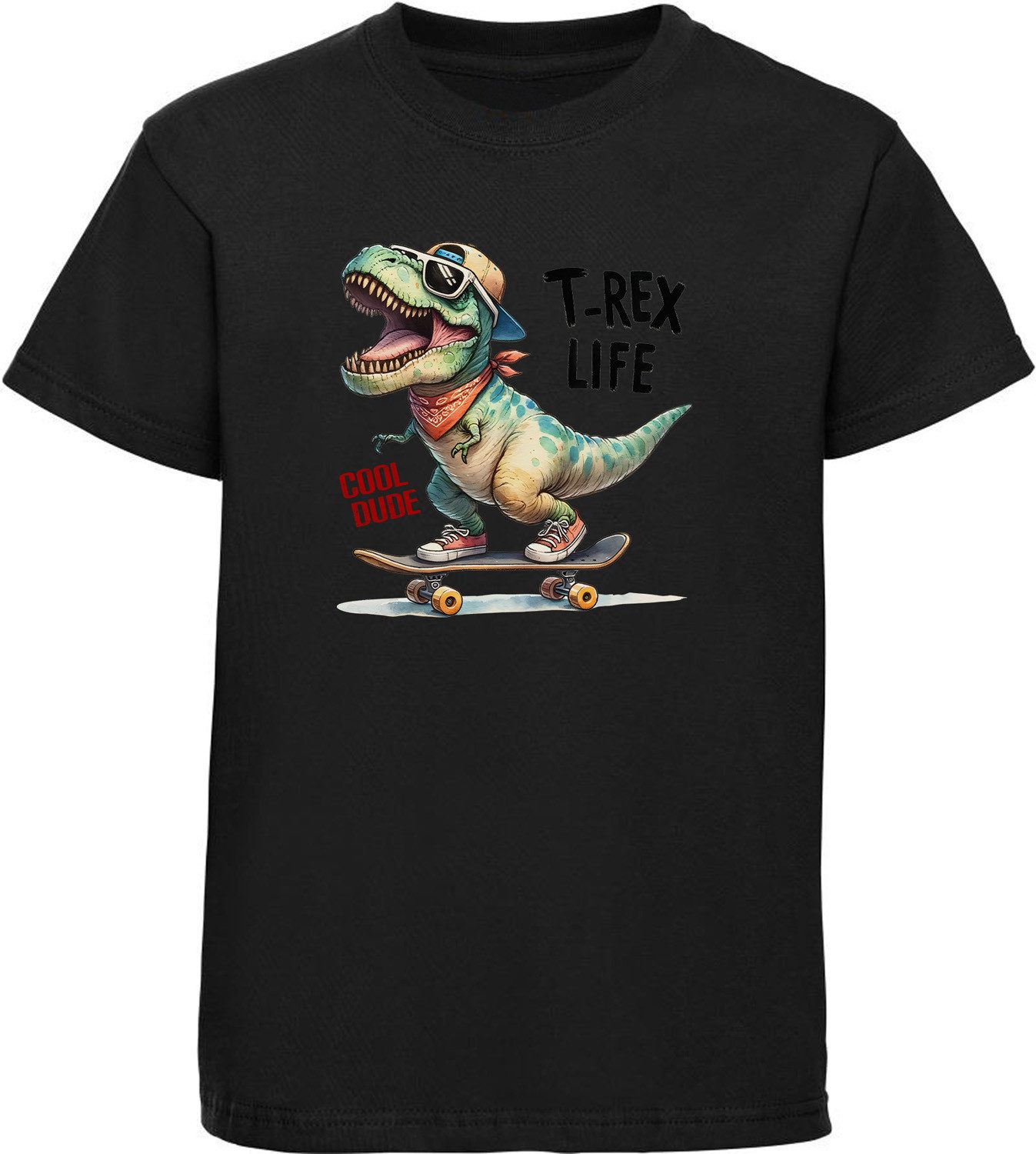 MyDesign24 T-Shirt Kinder Print Shirt - Skatender T-Rex Bedrucktes Jungen und Mädchen Skater T-Shirt i532