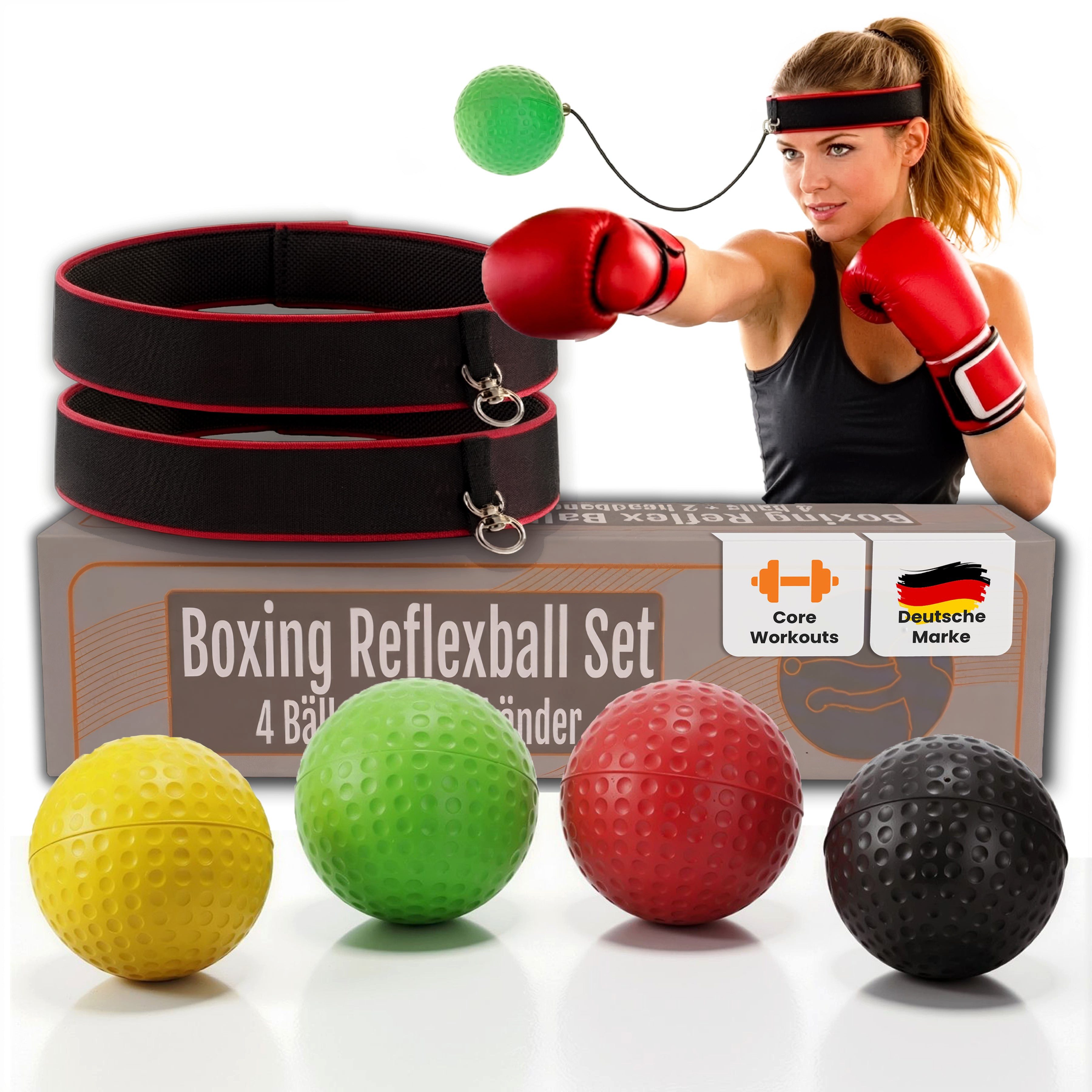 Active Peak Trainingsbänder Boxer Reflexball 4 Bälle & 2 Stirnbänder, Boxball am Kopf für Reaktion- & Workouttraining