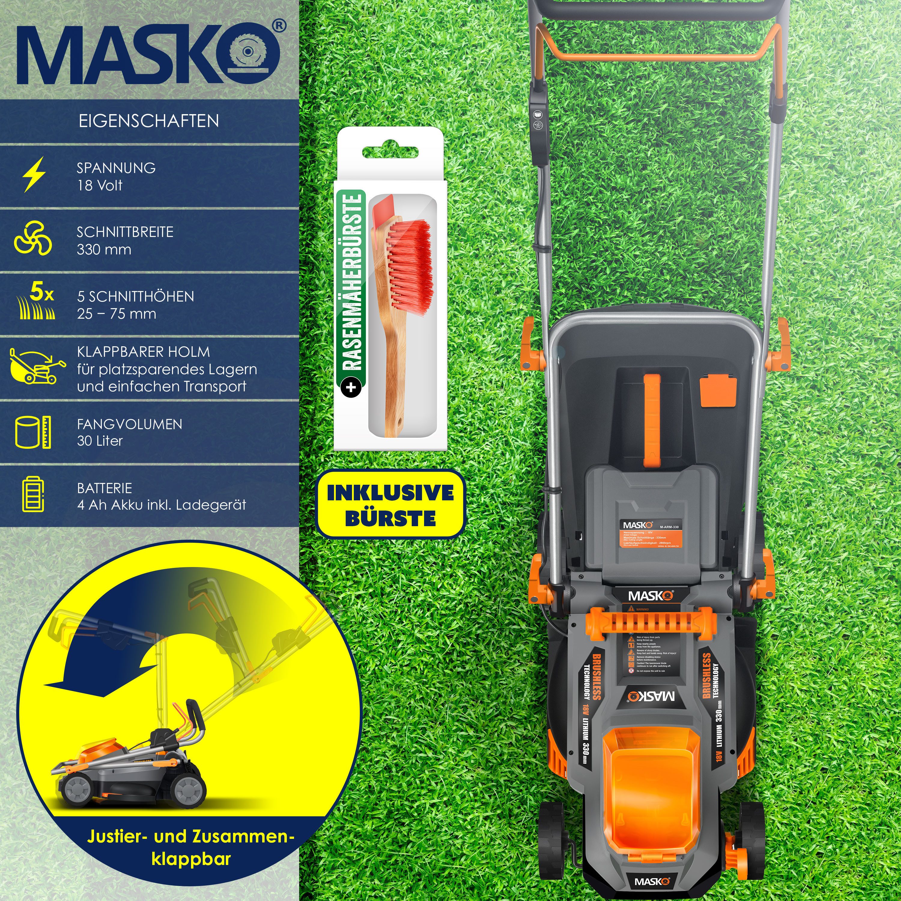MASKO Akkurasenmäher ECO-X10 mit 33cm Schnittbreite, 30L Fangkorb, 4,0Ah Ak günstig online kaufen