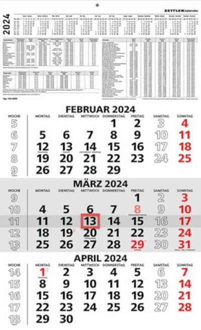 ZETTLER Wandkalender Kalender 2024 Dreimonatskalender, 1 Seite/3 Monate, 29,7 x 48,8 cm, Datumschieber Wochenzählung