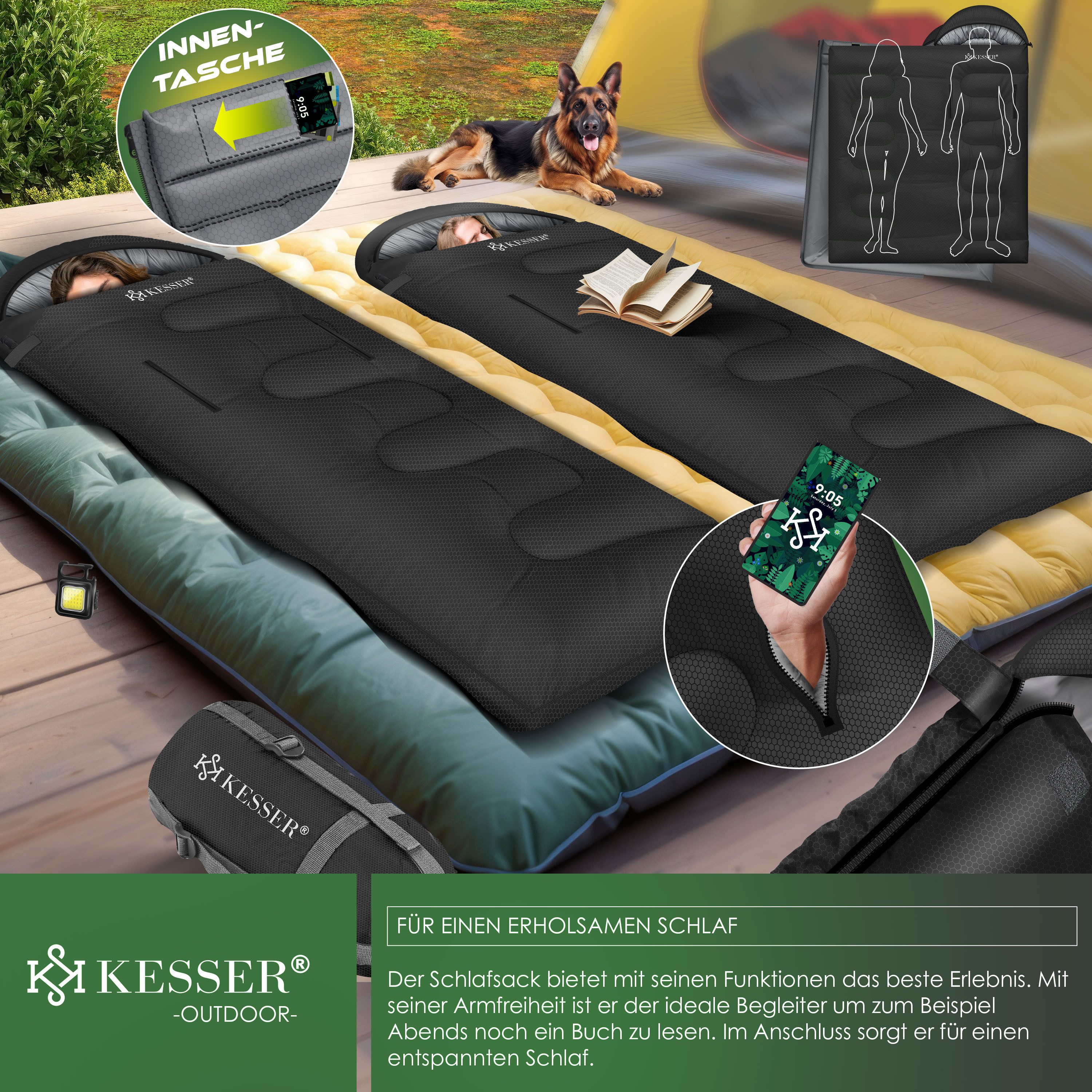 KESSER Deckenschlafsack Camping Schlafsack Outdoor 220x83cm 4 Jahreszeiten (Campingschlafsack inklusive Campinglampe & Seitentasche), für Erwachsene & Kinder Le – Bild 4 von 5