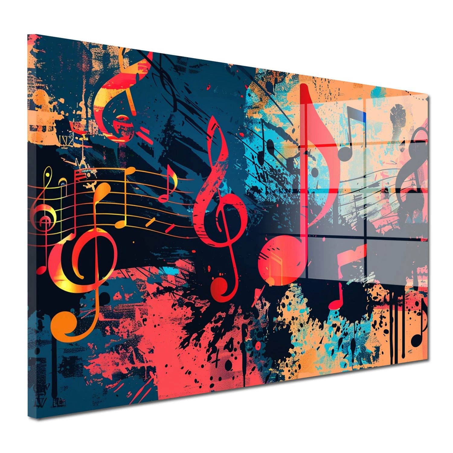 Artedinoi Acrylglasbild Musiknoten Acrylglasbild Wandbild Pop Art Bunt Musik Abstrakt XXL, Schwebende Noten in dynamischer, farbenfroher Gestaltung.