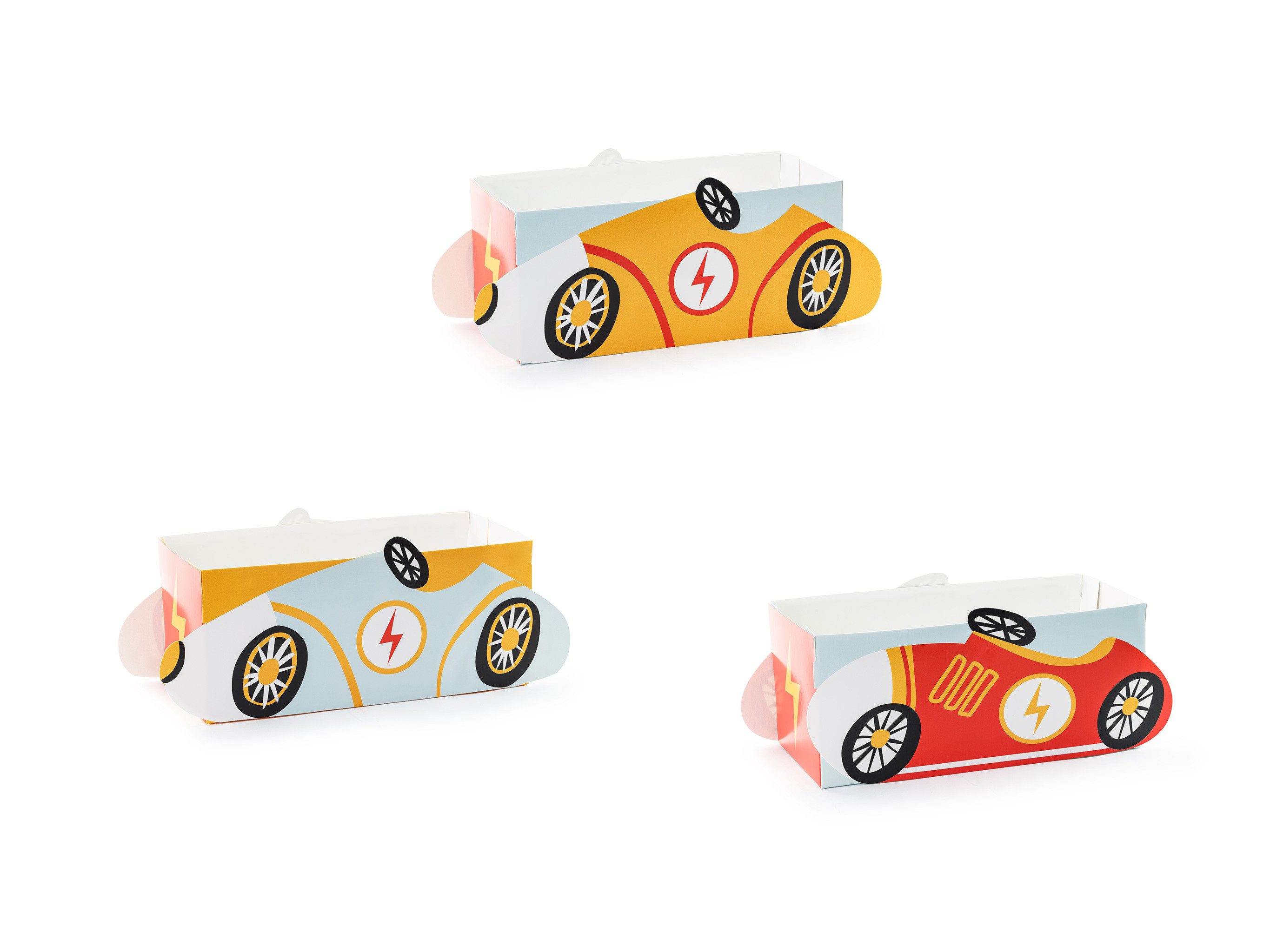 partydeco Einweggeschirr-Set, Karton, Snackbox 7,5x7,5x17cm Autos Muster 3er Set Rot / Hellblau / Gelb