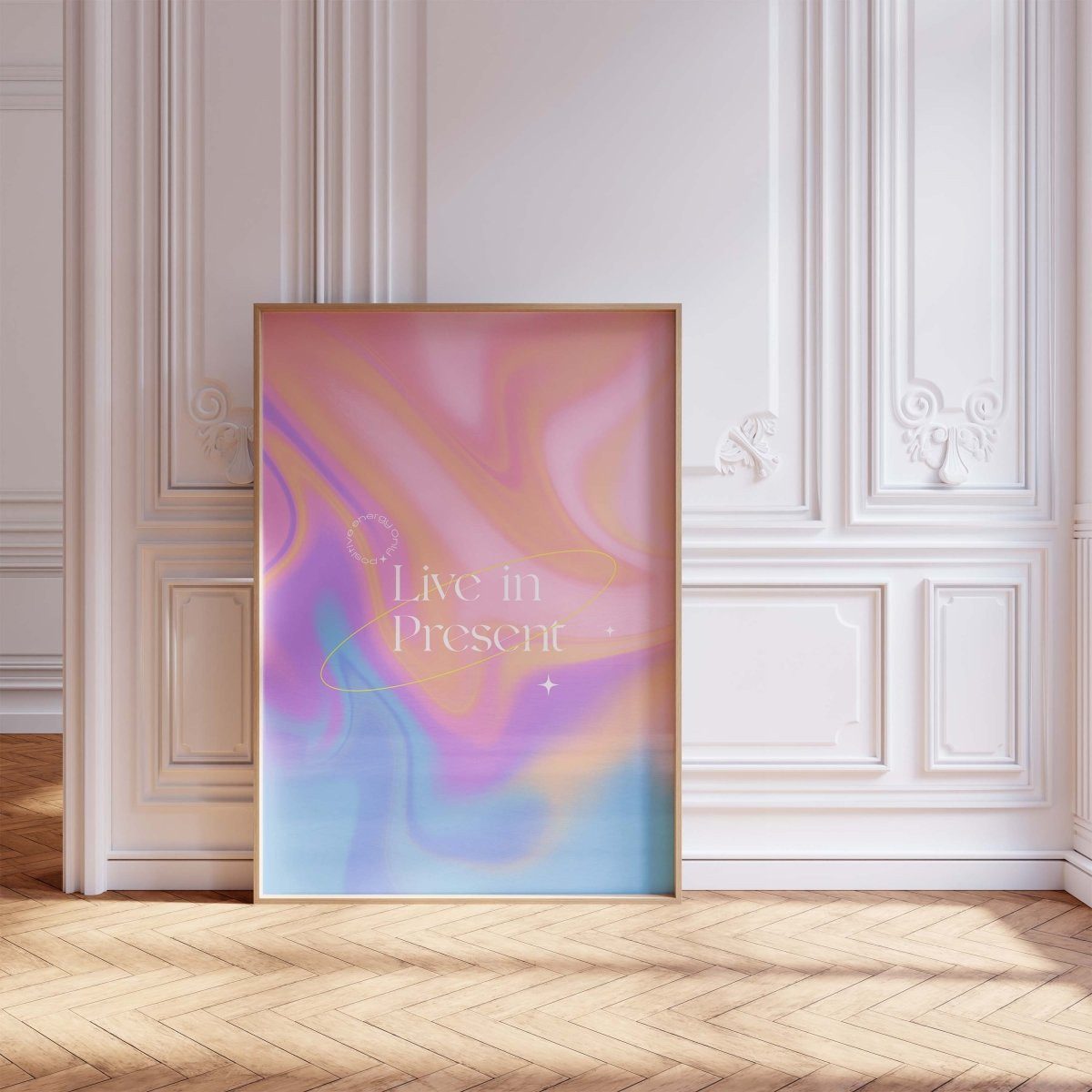 JUSTGOODMOOD Poster Live in Present Abstrakter Pastell Farbverlauf Positive Energy Typogra, (1 St)