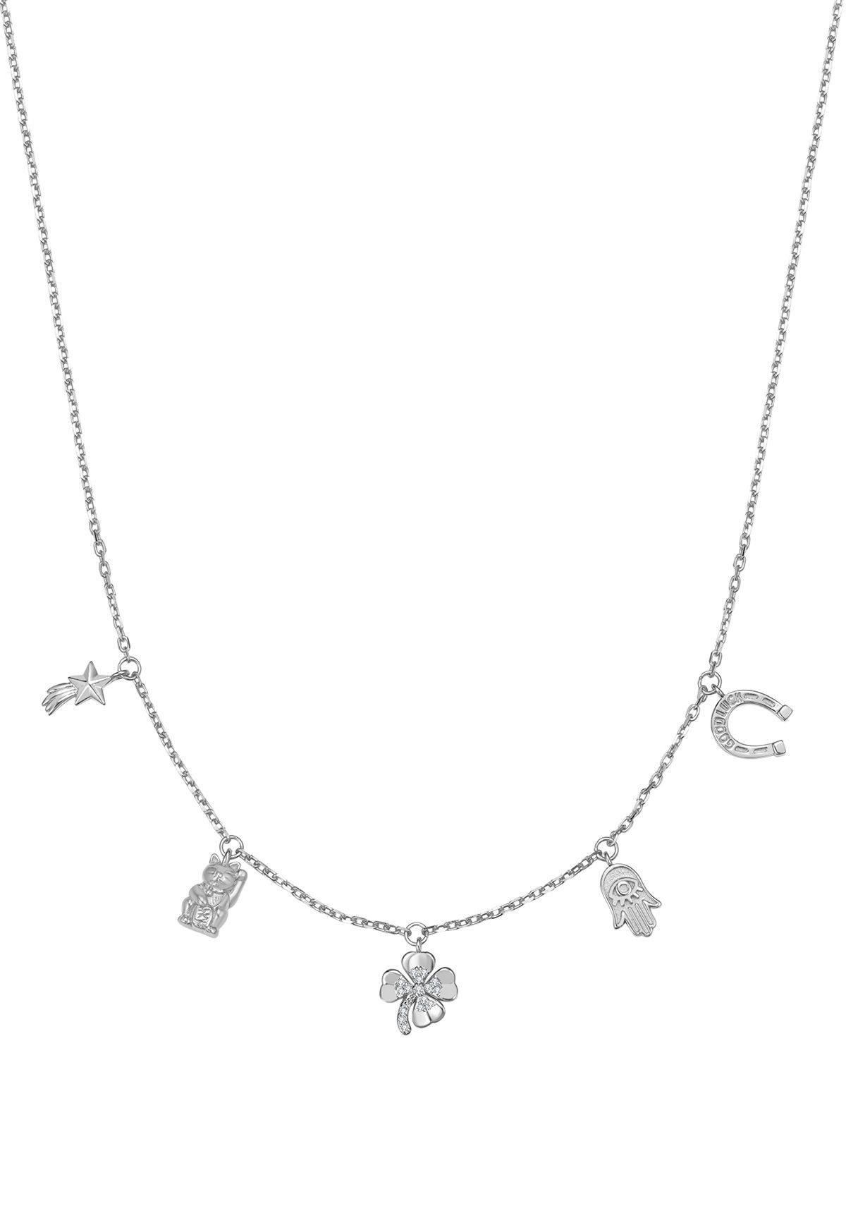 Charm-Kette Glücksanhänger, Glückskatze Kleeblatt Hufeisen