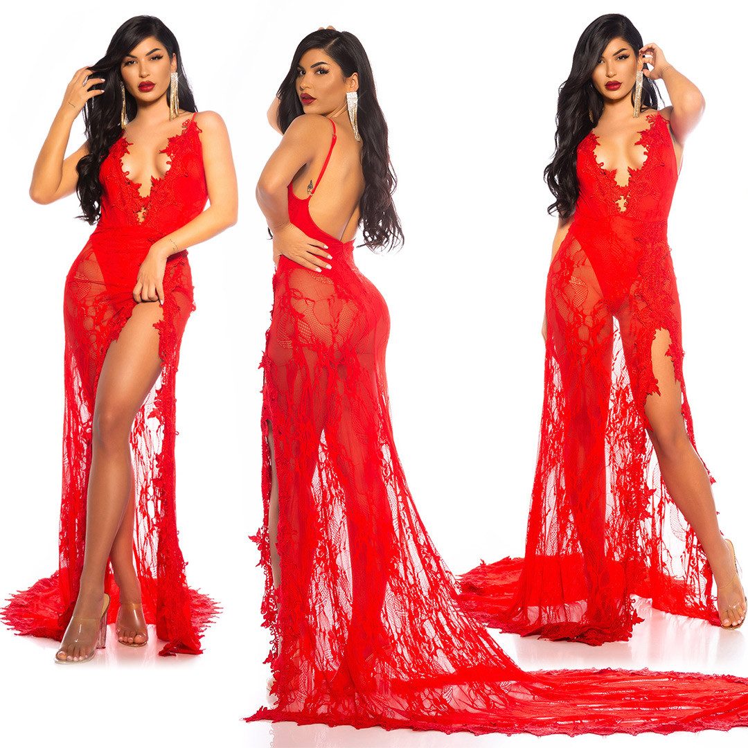 KOUCLA Abendkleid rückenfreies V-Neck Kleid Spitze mit Schleppe red carpet look mehr