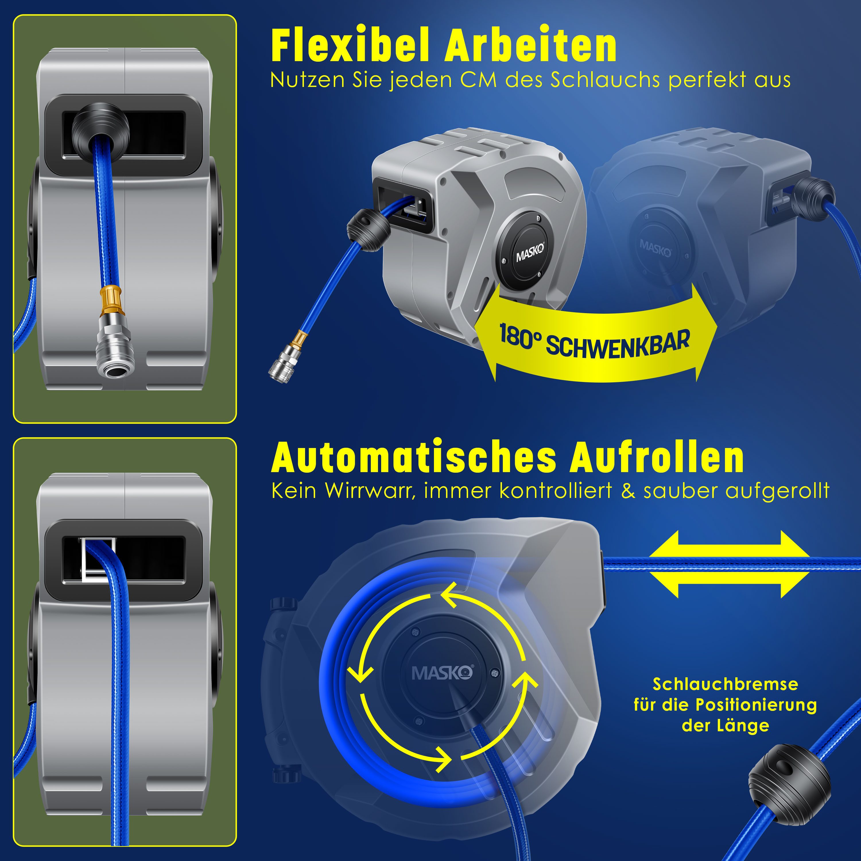 MASKO Hochdruckschlauch, Aufroller Automatik Druckluftschlauch Trommel 1/4 Anschluss Wandhalter