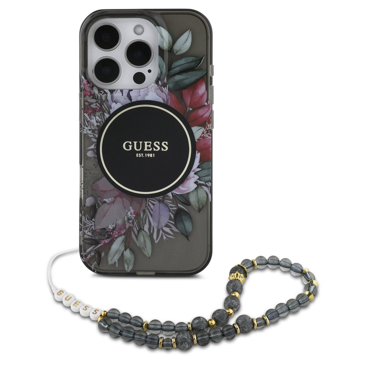 Guess Backcover Guess MagSafe IML Flowers Case mit Beads Strap Apple iPhone 16 Pro Max