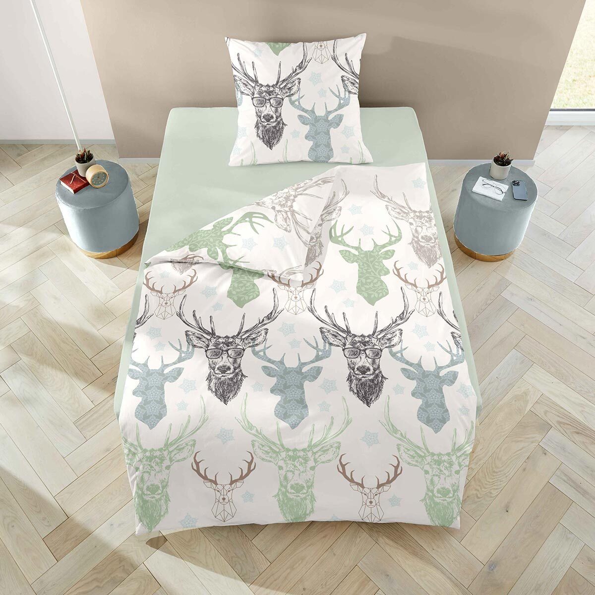 TRAUMSCHLAF Bettwäsche Hirsch mit Brille, Biber, 2 teilig, Biberbettwäsche günstig online kaufen