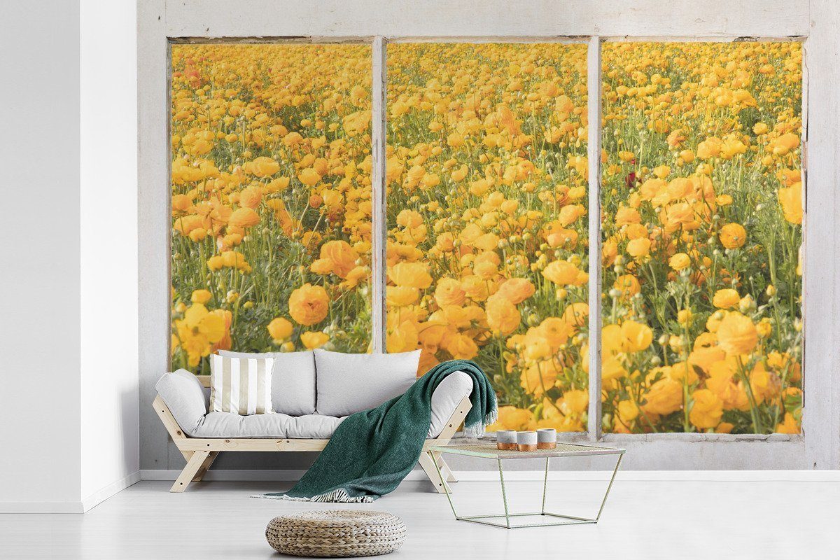 MuchoWow Fototapete Durchsichtig - Blumen - Gelb, Matt, bedruckt, (6 St), Wallpaper für Wohnzimmer, Schlafzimmer, Kinderzimmer, Vinyl Tapete