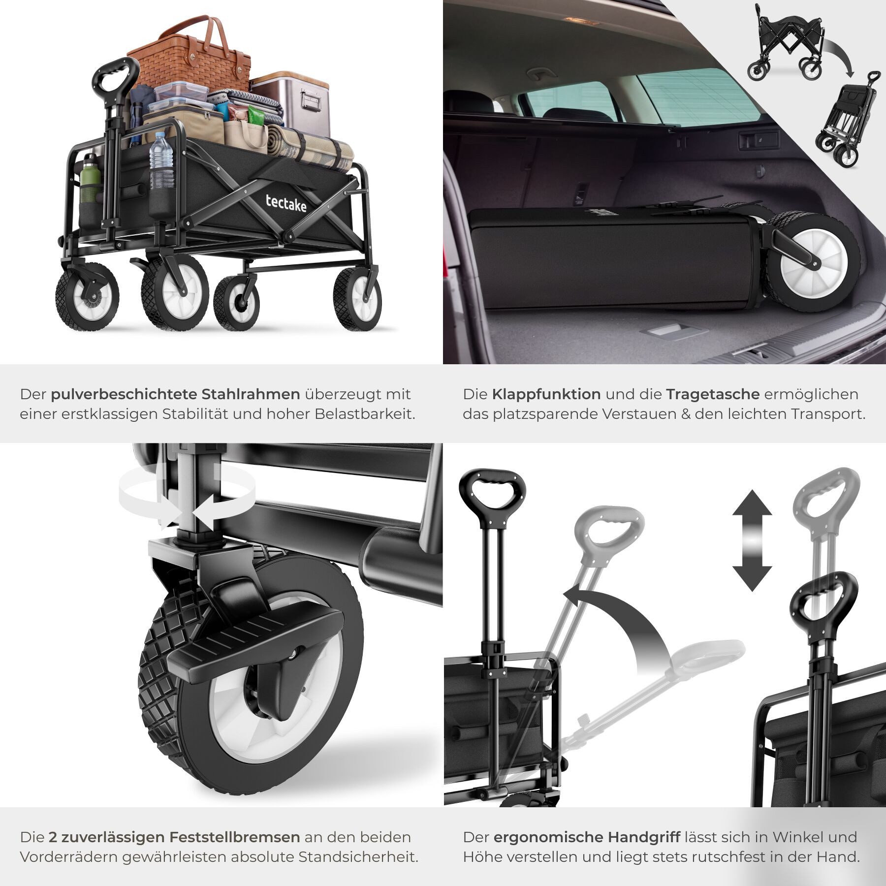 tectake Bollerwagen Faltbarer Handwagen Leon mit Bremsen, Belastbarkeit 80kg (1 Transportwagen, 1-tlg., 97L Volumen in Schwarz), faltbar – Bild 5 von 5