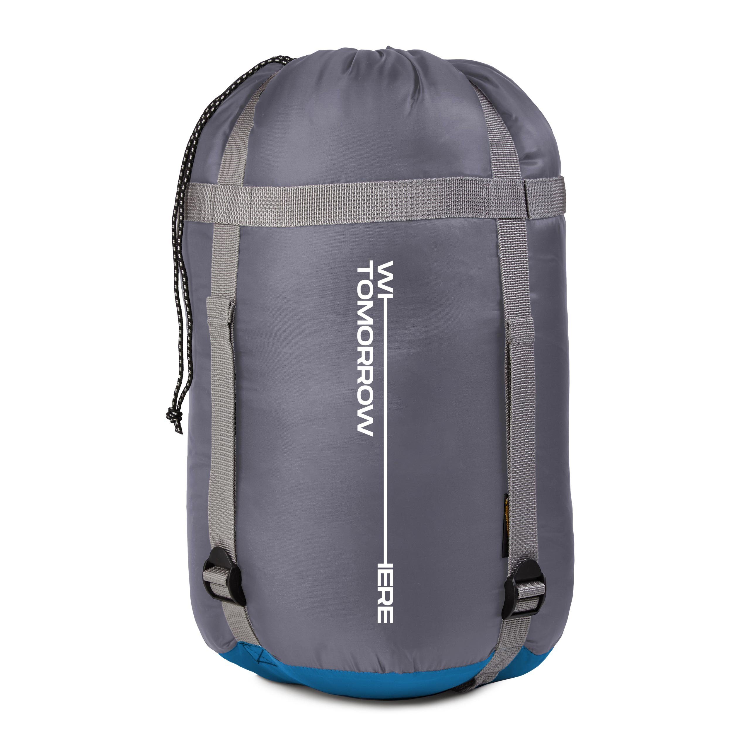 230x80x55 Tasche, atmungsaktiv Camping Tomorrow Wärmekragen mit Mumienschlafsack Where Lumaland blau Schlafsack wasserabweisend