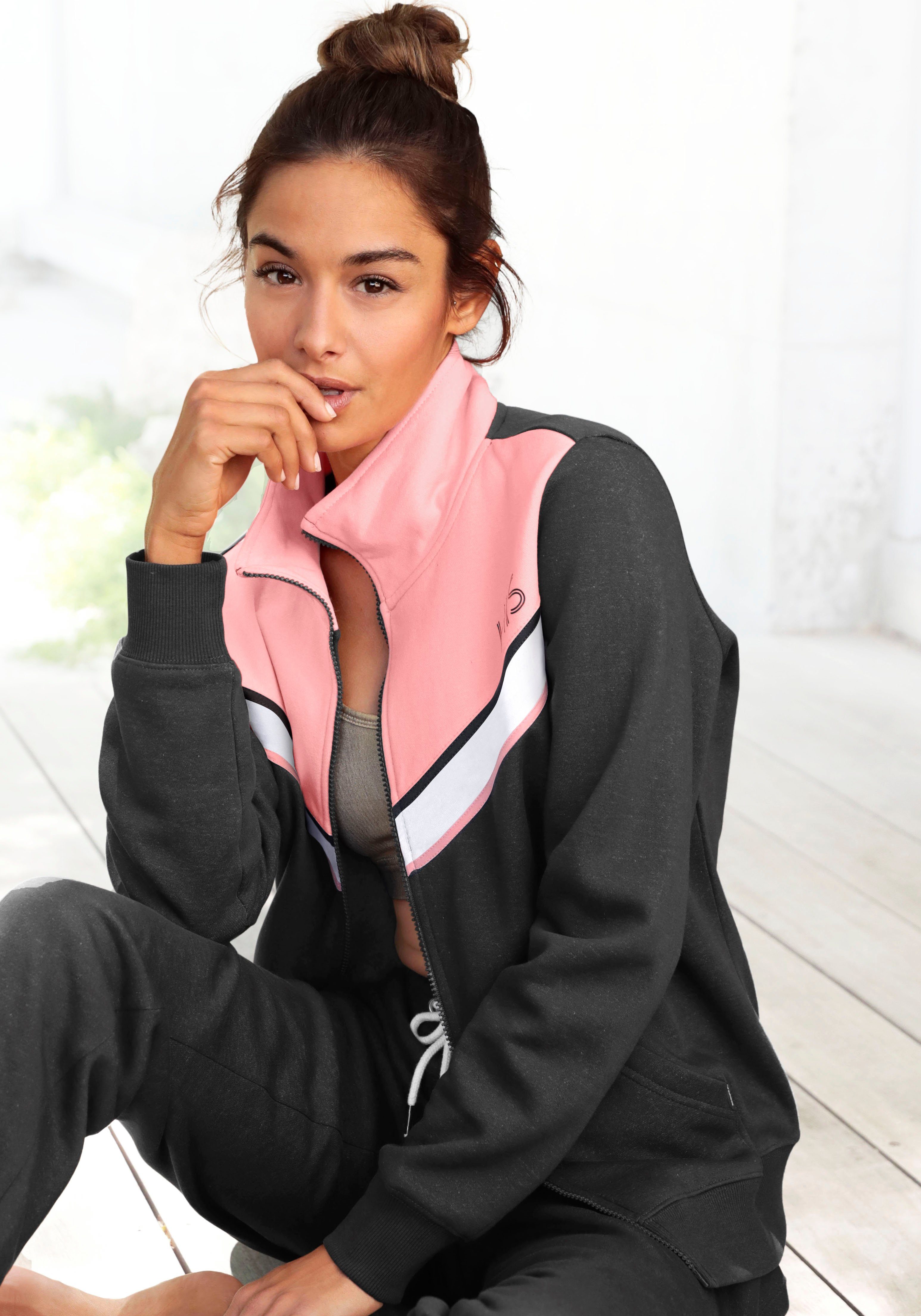 mit Loungeanzug Kontraststreifen, Sweatjacke H.I.S anthrazit-rosa