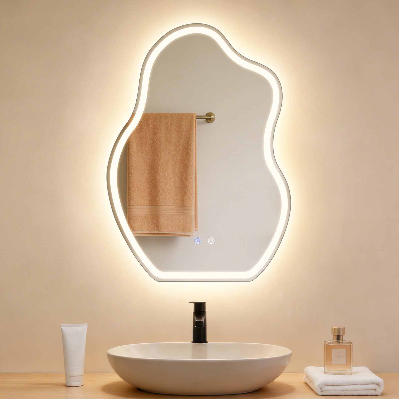 Nettlife Badspiegel Beleuchtung Asymmetrisch Wandspiegel BadSchalter Entfogger-Funktion, LED Badezimmerspiegel3000K-6500K Licht Dimmbar