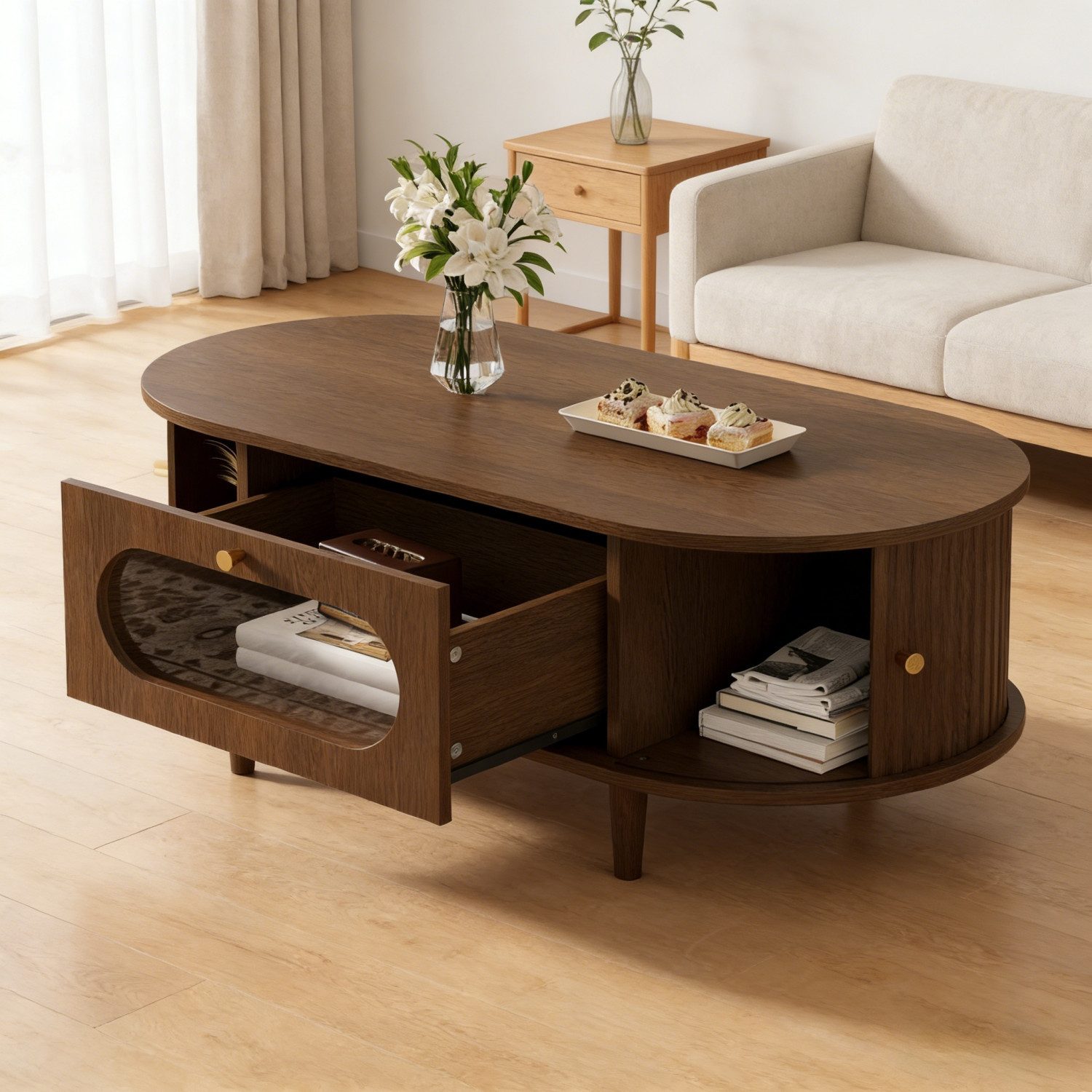 ANYSUN Couchtisch Wohnzimmer Couchtisch,Beistelltisch, Wohnzimmertisch (100 x 50 x 36 cm Kaffeetisch,mit Eine Schubladen), Sofatisch mit Rolltür, Beistelltisch,Modernes Wohnzimmer Beistelltisch