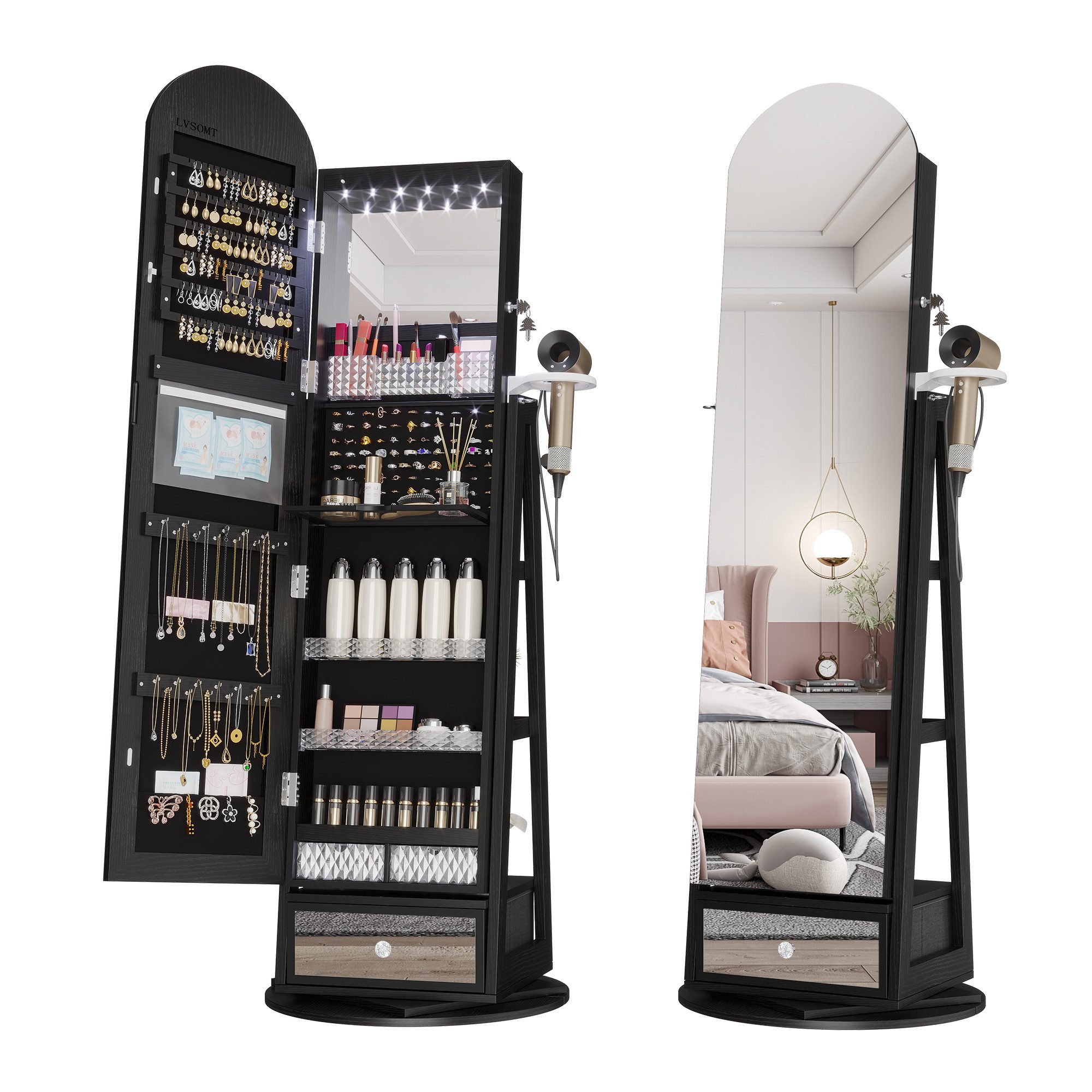LVSOMT Schmuckschrank 360° Drehbar, LED Bogen Schmuckschrank mit Spiegel, 163x37cm Stehender Holzschrank mit 3-stufigem Regal