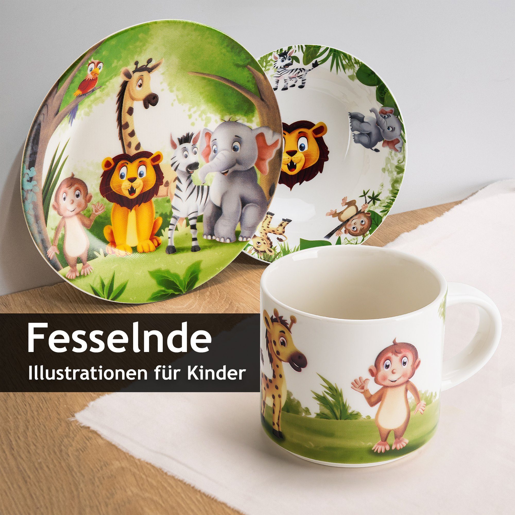 MiaMio Kindergeschirr-Set Jungle Motiv Grün (3-tlg), 1 Personen, Keramik, Teller, Schüssel und Tasse mit Kindermotiv – Bild 3 von 5