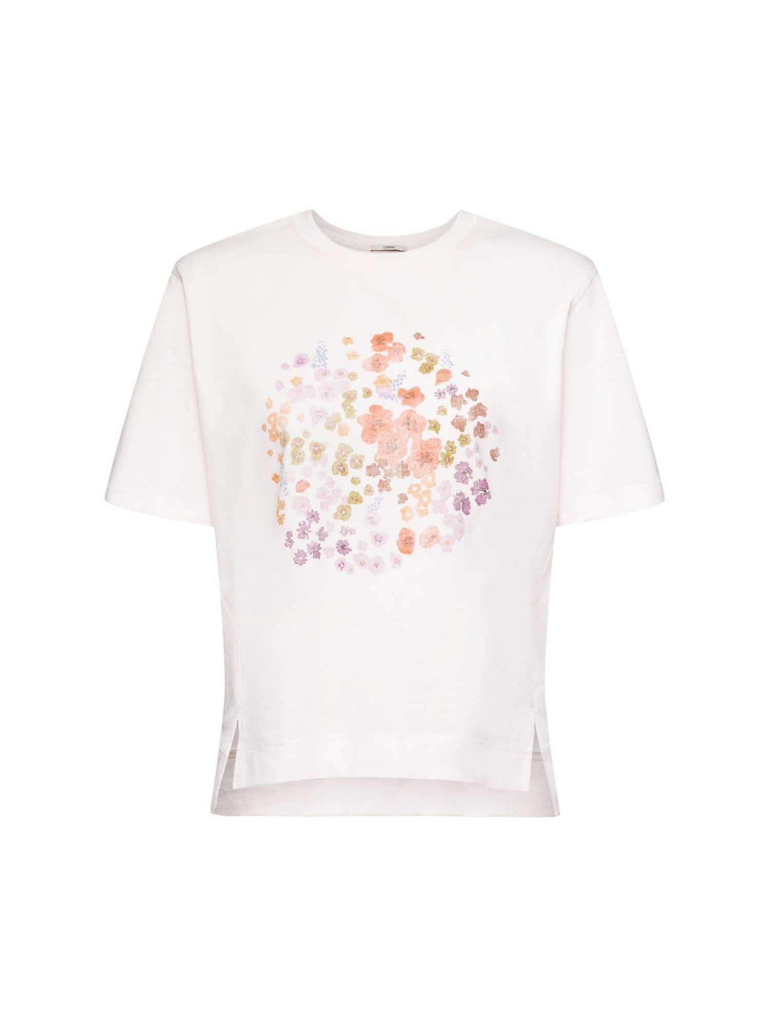 Esprit T-Shirt T-Shirt mit Blumen-Print (1-tlg), Seitlich geschlitzter  High-Low-Saum
