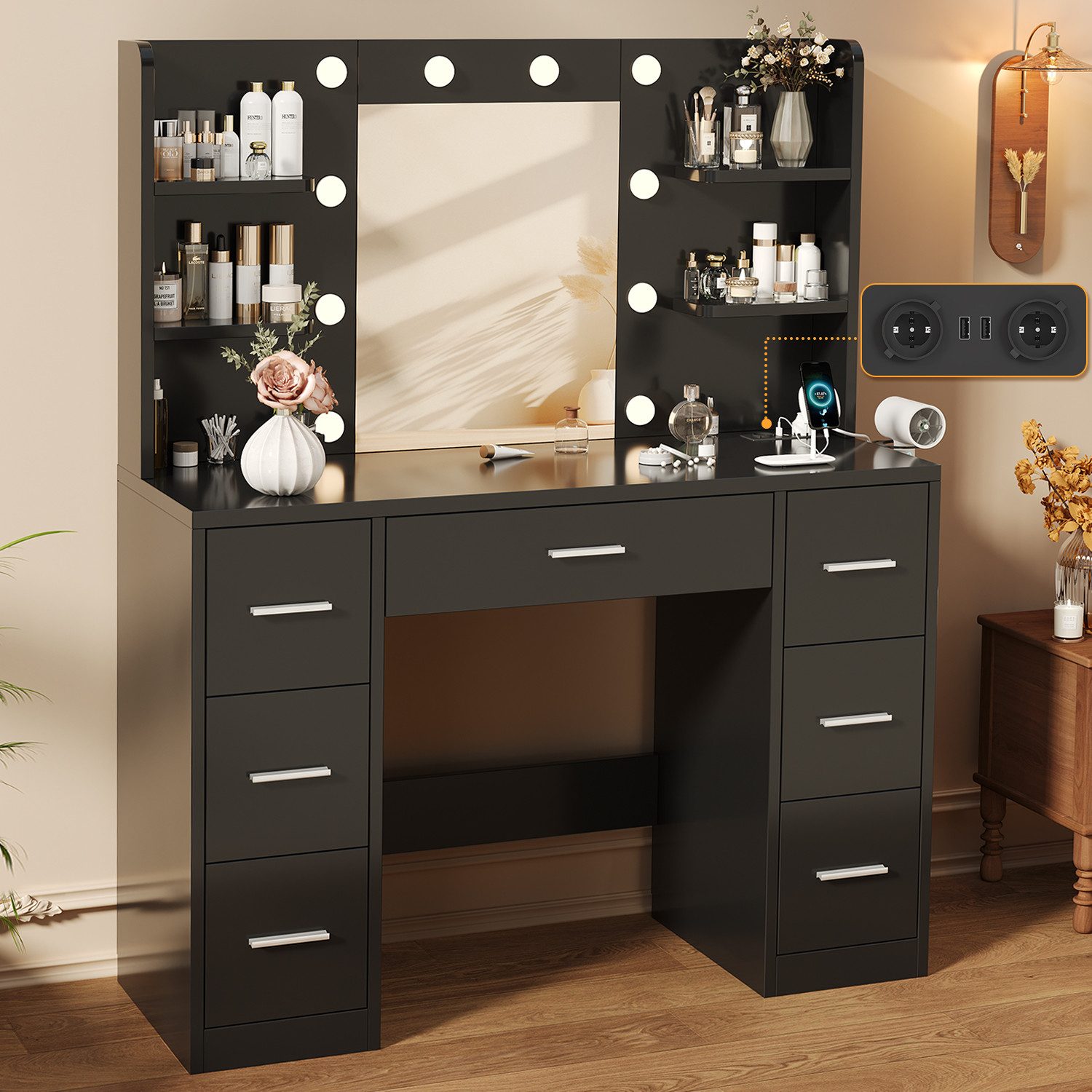 Furnicopia Schminktisch 110*40*137CM Frisiertisch mit 2 SUB 2 Steckdosen (M günstig online kaufen