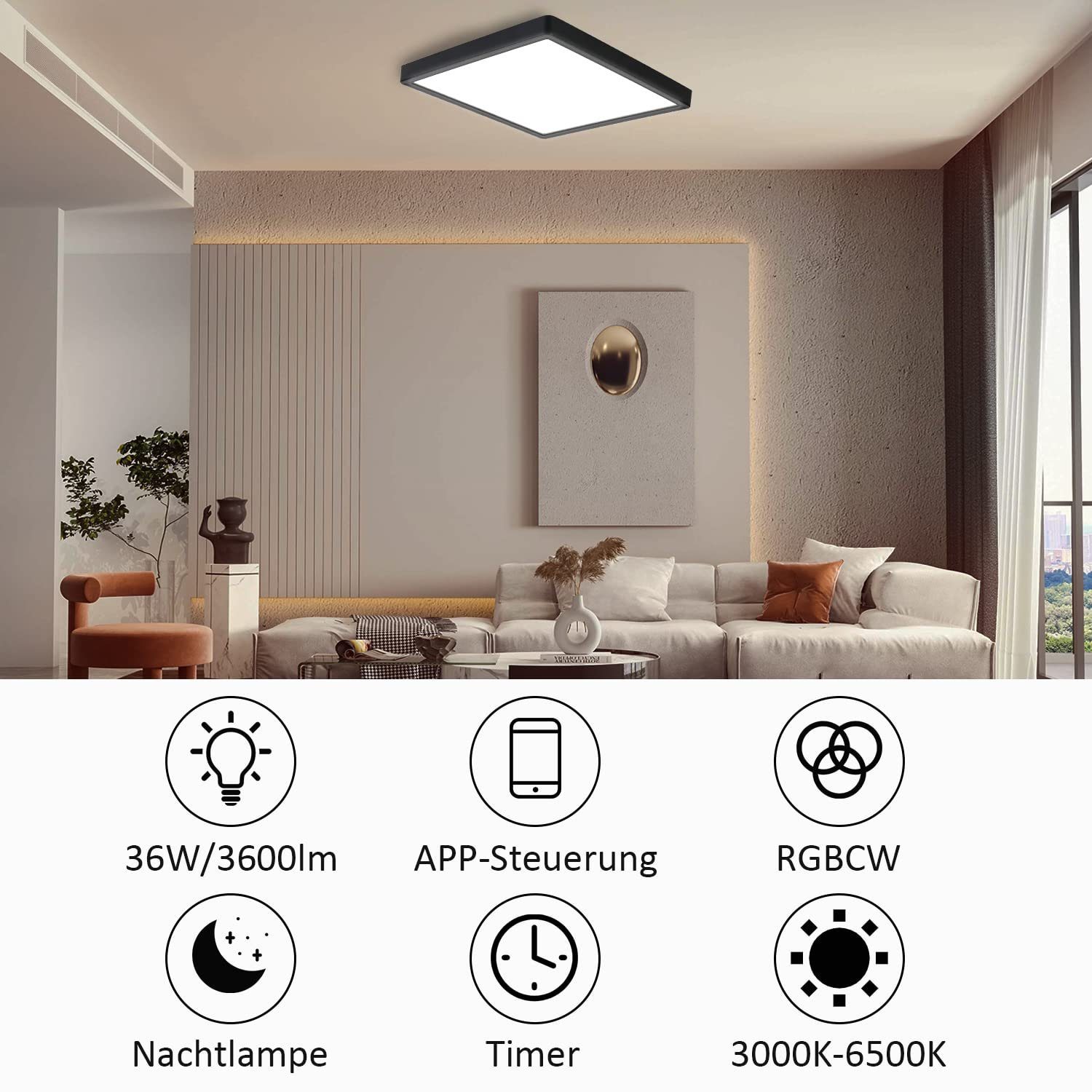 Warmweiß für Panel x Schlafzimmer integriert, Kaltweiß, Neutralweiß Backlight, 29.5 LED ‎RGB steuern Nettlife cm Küche Schwarz RGB/Smart-APP Dimmbar mit Fernbedienung LED 29.5 Wohnzimmer, fest 40W, 2.5 x