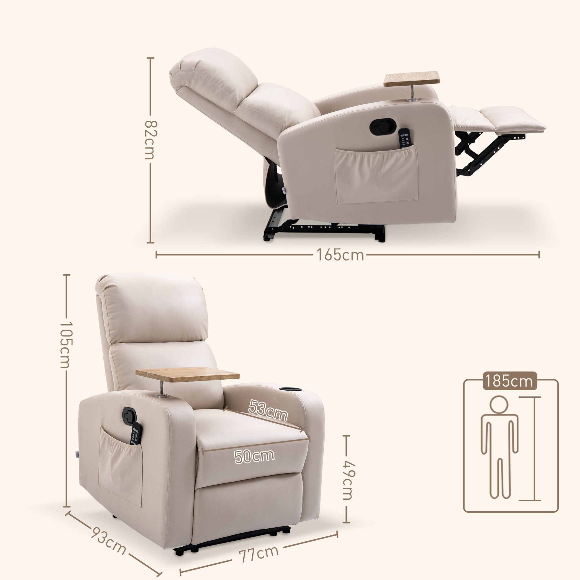 HOMCOM Massagesessel elektrisch Relaxsessel mit Massagefunktion (Ruhesessel, 1-St., Fernsehsessel), mit Fernbedienung, Drehbarem Tisch, Mikrofaser, Beige