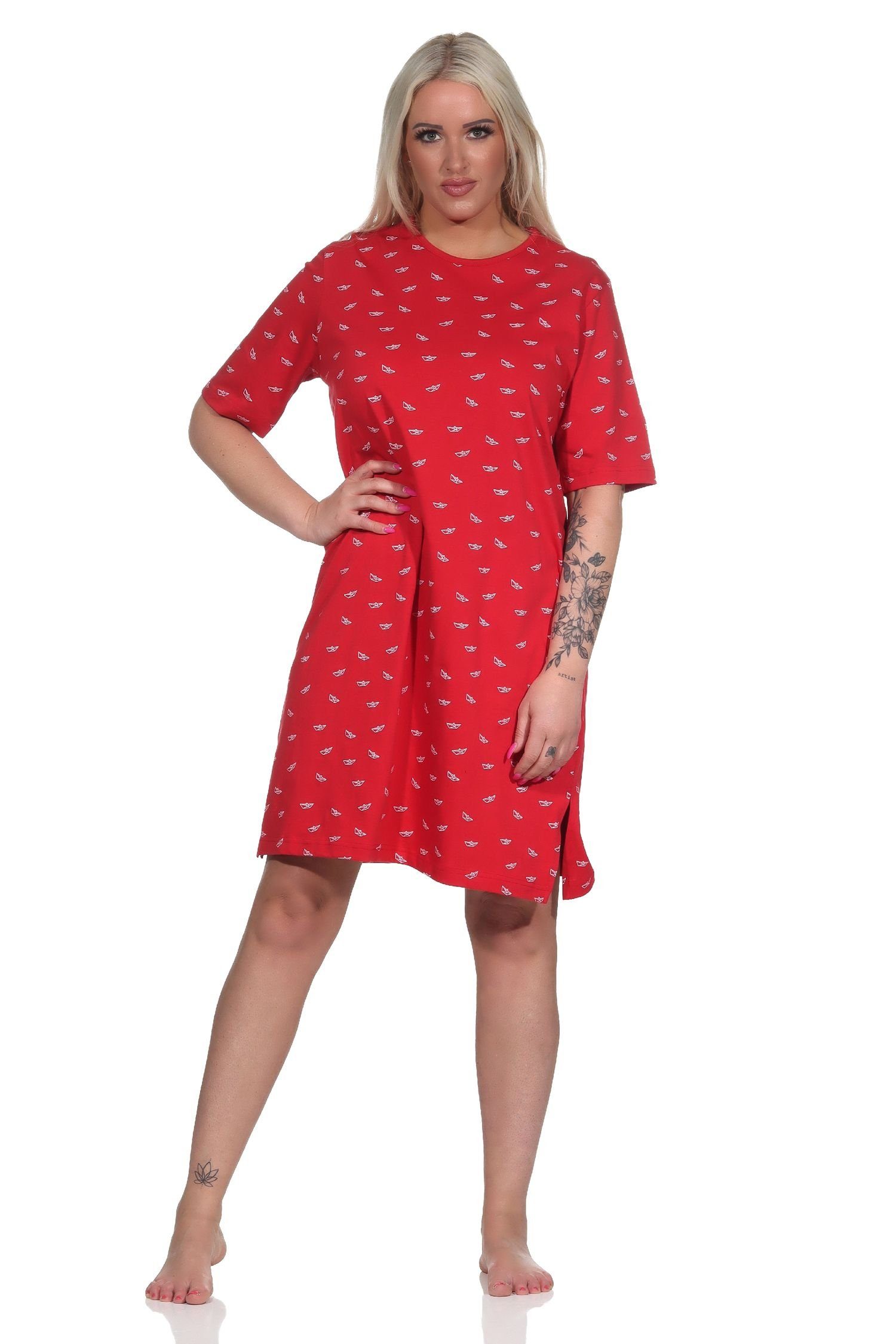 Normann Nachthemd Damen kurzarm Nachthemd in maritimer Optik - auch in Übergrössen rot