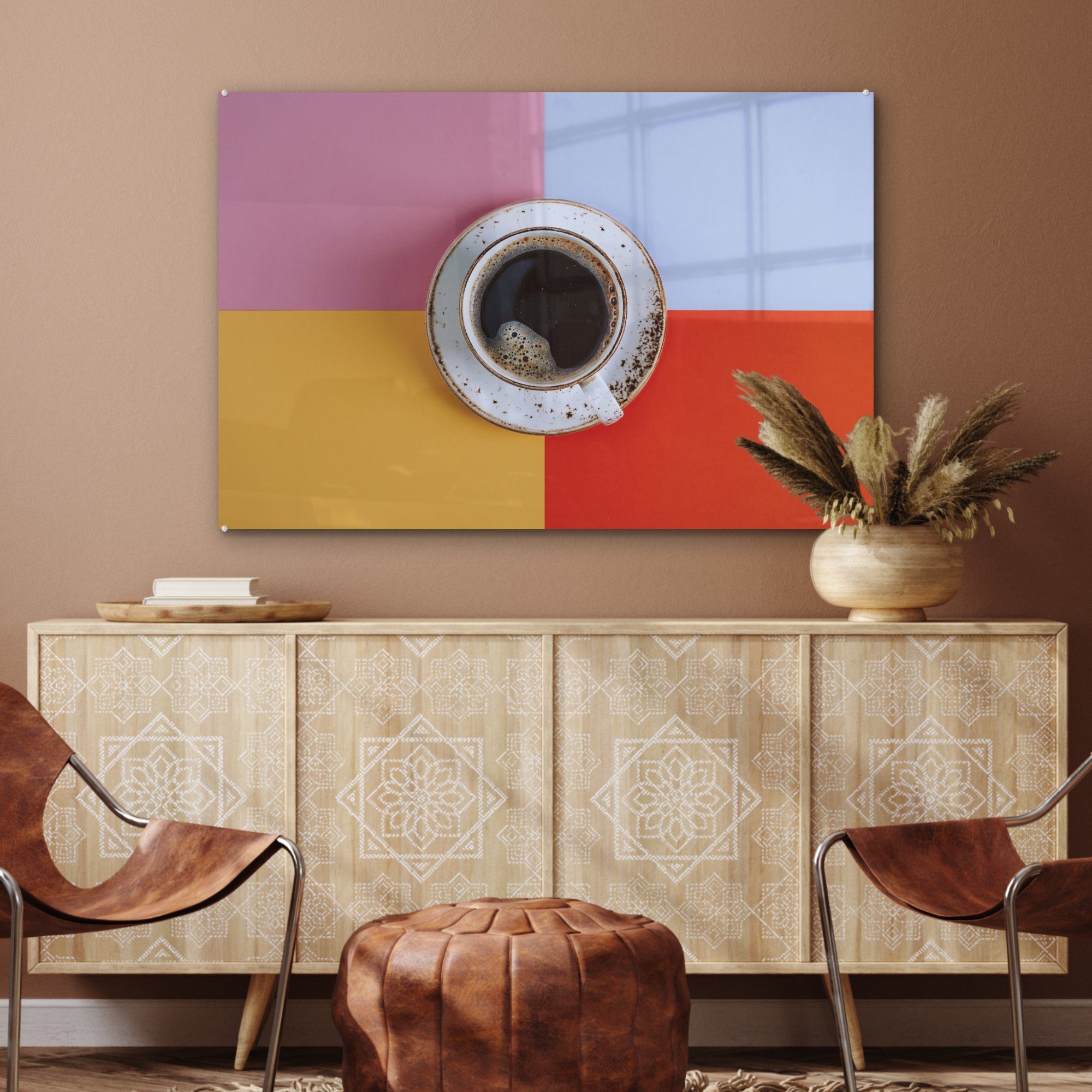 (1 Schlafzimmer Kaffee Draufsicht auf Hintergrund, mit Acrylglasbilder St), eine Tasse Wohnzimmer & buntem Acrylglasbild MuchoWow