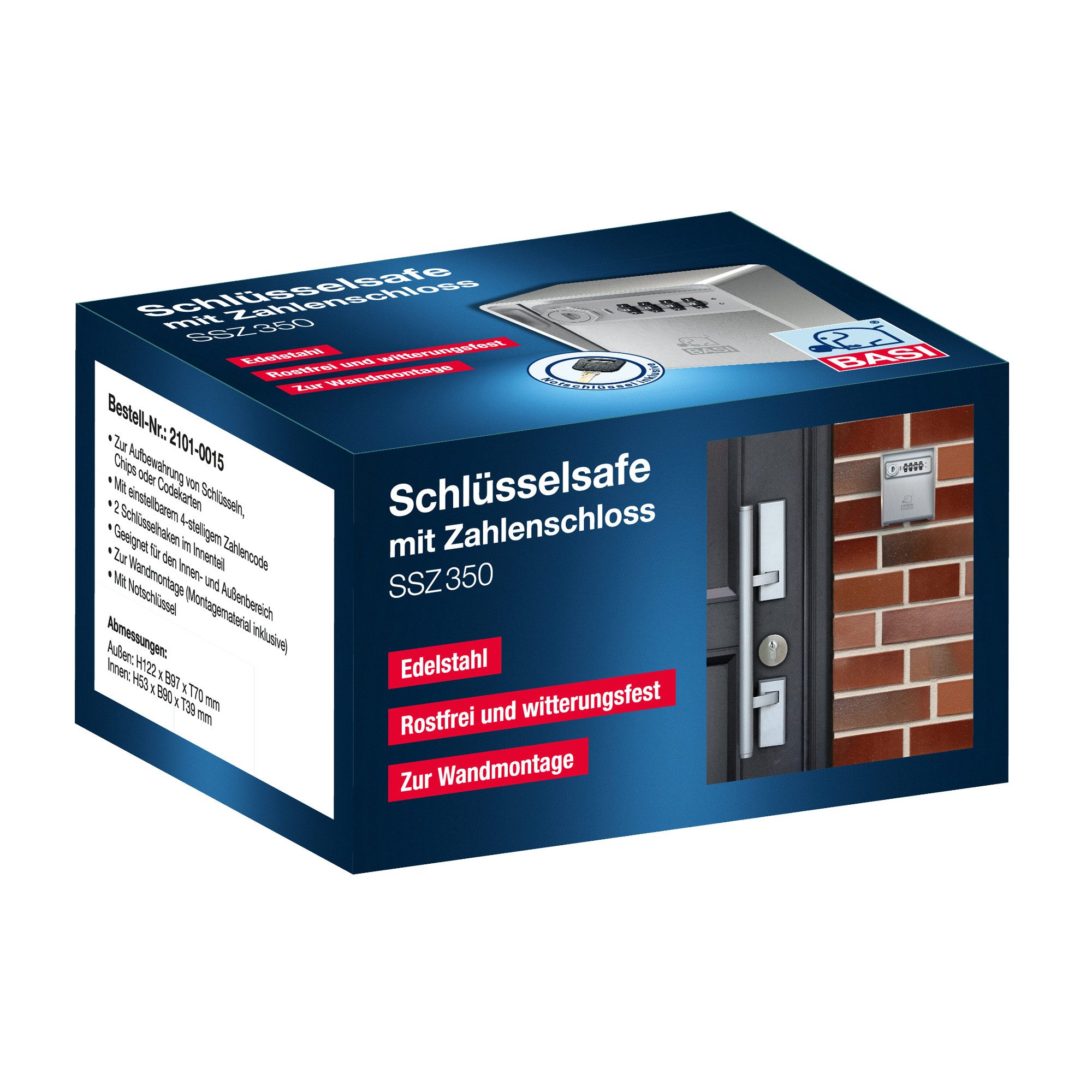 BASI Tresor Schlüsselsafe, aus Edelstahl, H12,2xB9,7xT7,0 cm (Packung), mit 4-stelligem Zahlenschloss, 1 Notschlüssel, 2 Schlüsselhaken