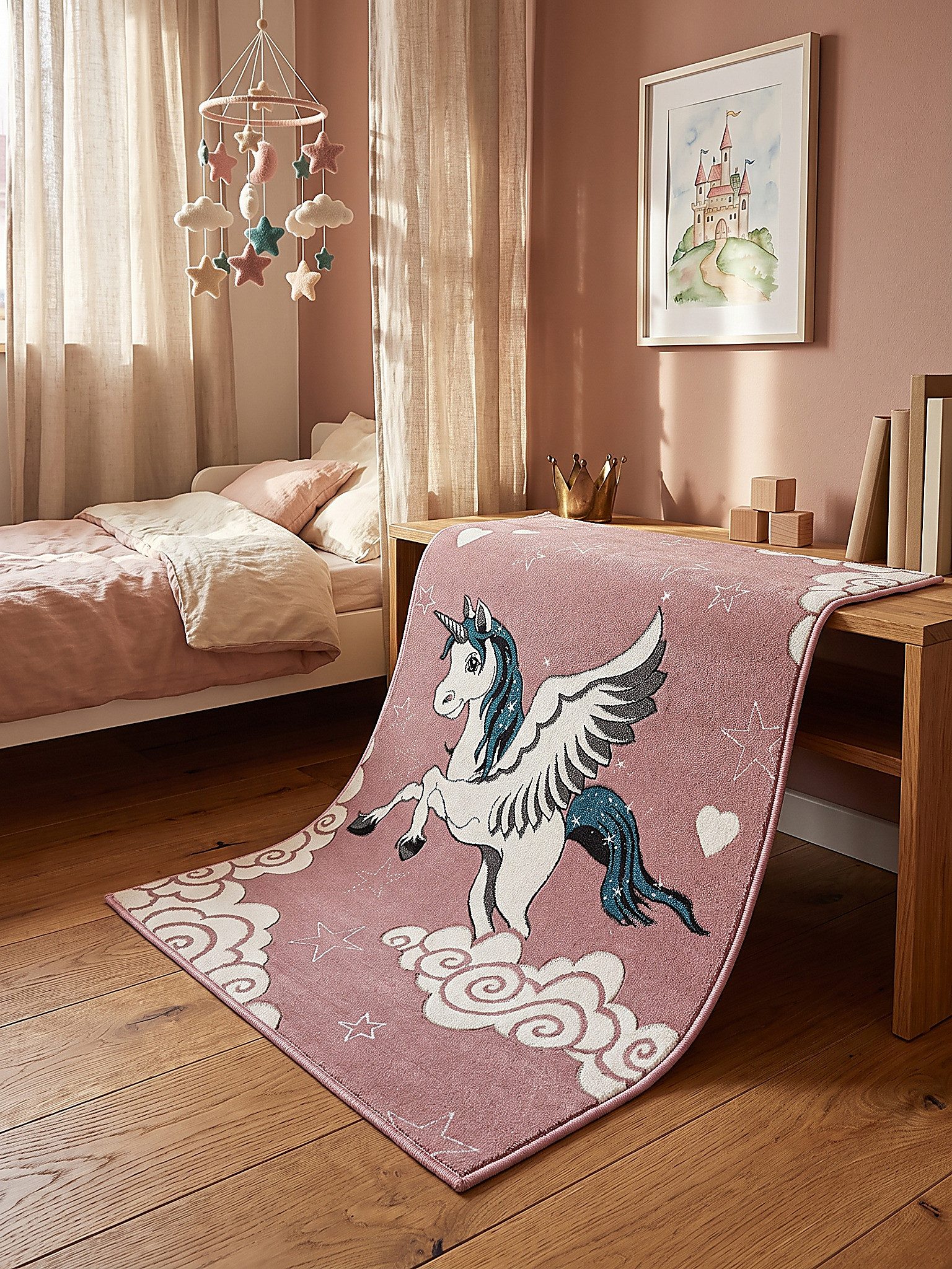 KADIMA DESIGN Kinderteppich IDRO Kinderteppich Pink 80x150 Sterne Polypropylen Kurzflor, Läufer, Höhe: 14 mm, Saugroboter-geeignet, Strapazierfähig, Fußbodenheizung geeignet