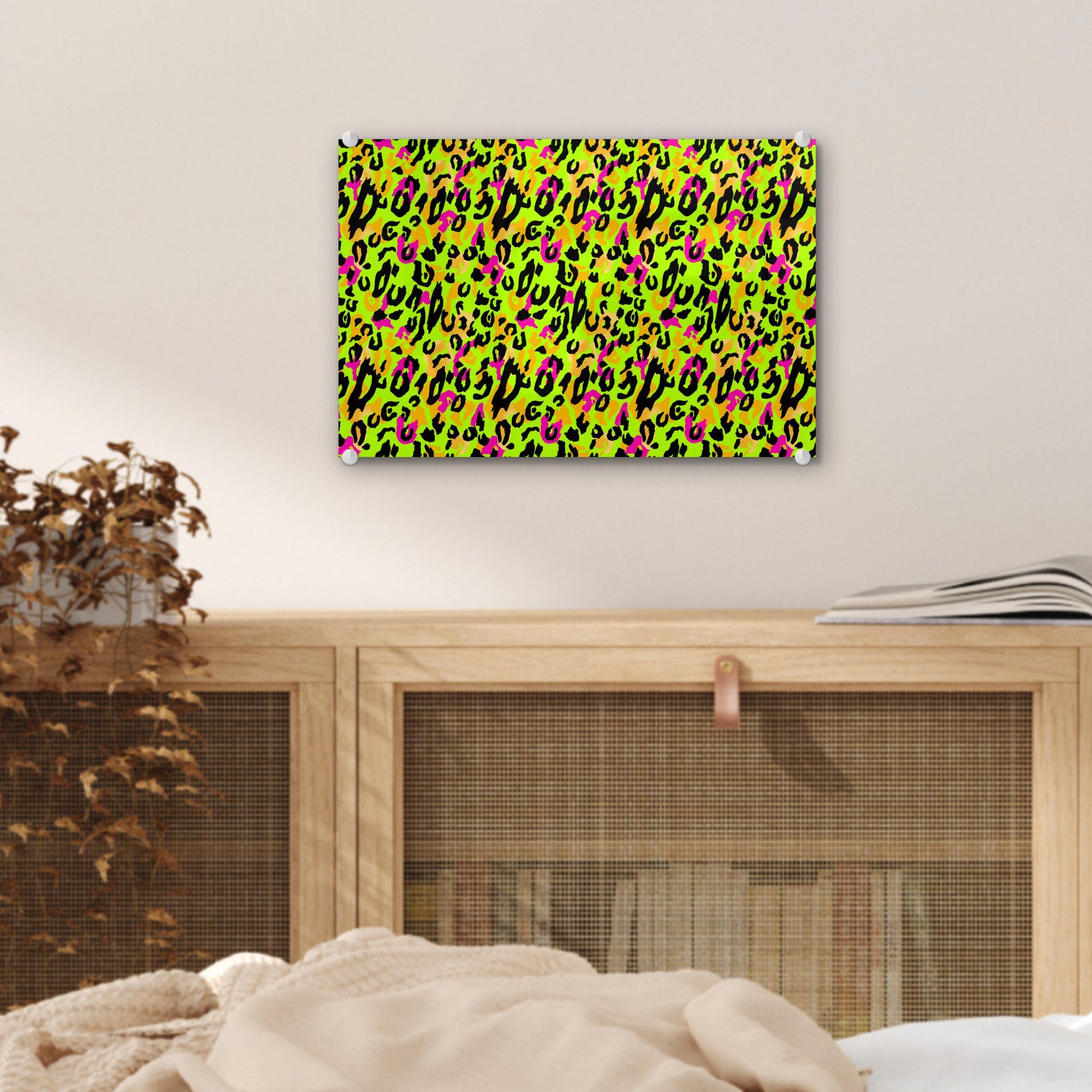 Tiermuster - auf Wandbild Muster Neon Glas Gelb, Bilder Glas auf Wanddekoration - MuchoWow St), - (1 Glasbilder - Foto - - Acrylglasbild