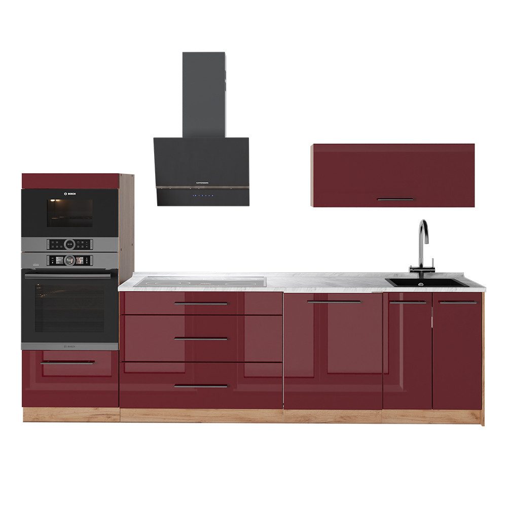 Vicco Küchenzeile Fame-Line, Bordeaux Hochglanz/Goldkraft Eiche, 280 cm, AP Marmor