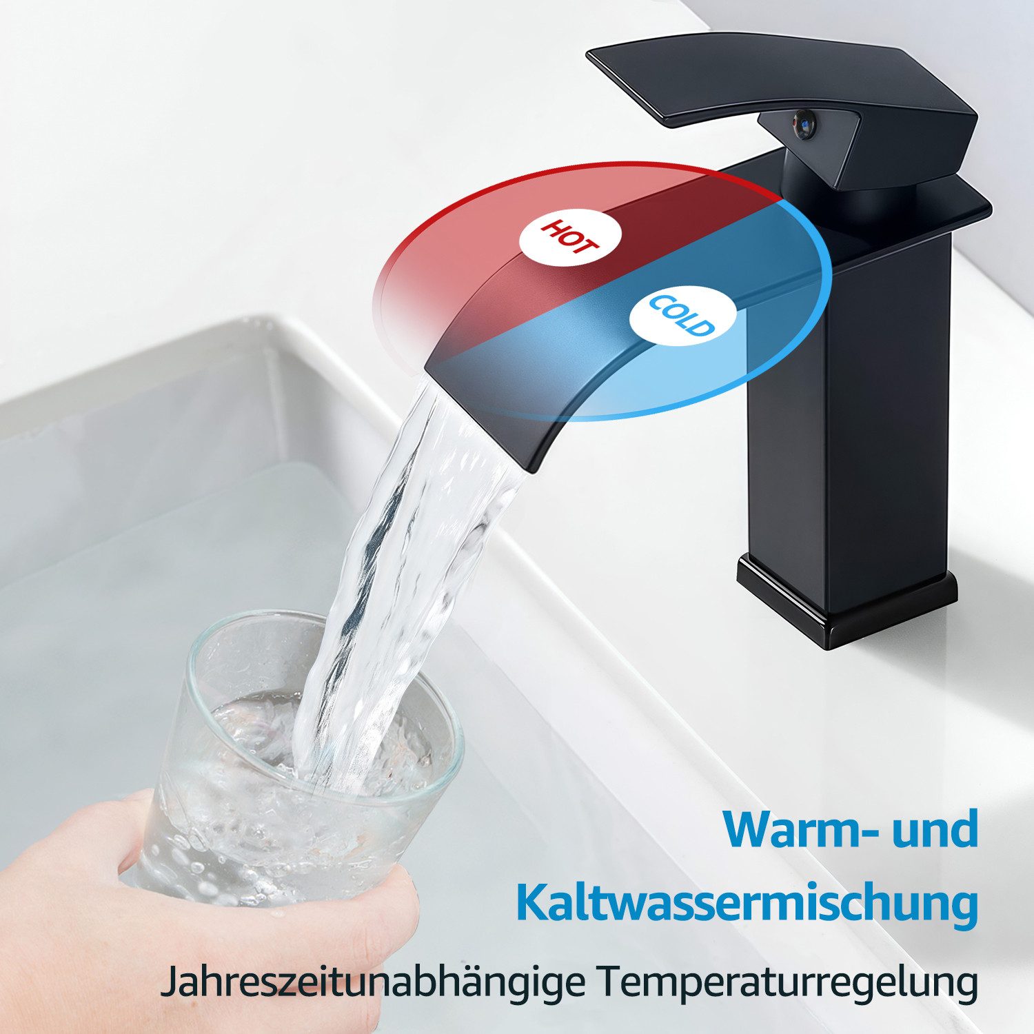 Eumaty Waschtischarmatur Wasserhahn Bad, Wasserfall Wenig Lärm Einhandmischer 304 Edelstahl Hochwertige Armatur Waschbecken Wassersparend Messing