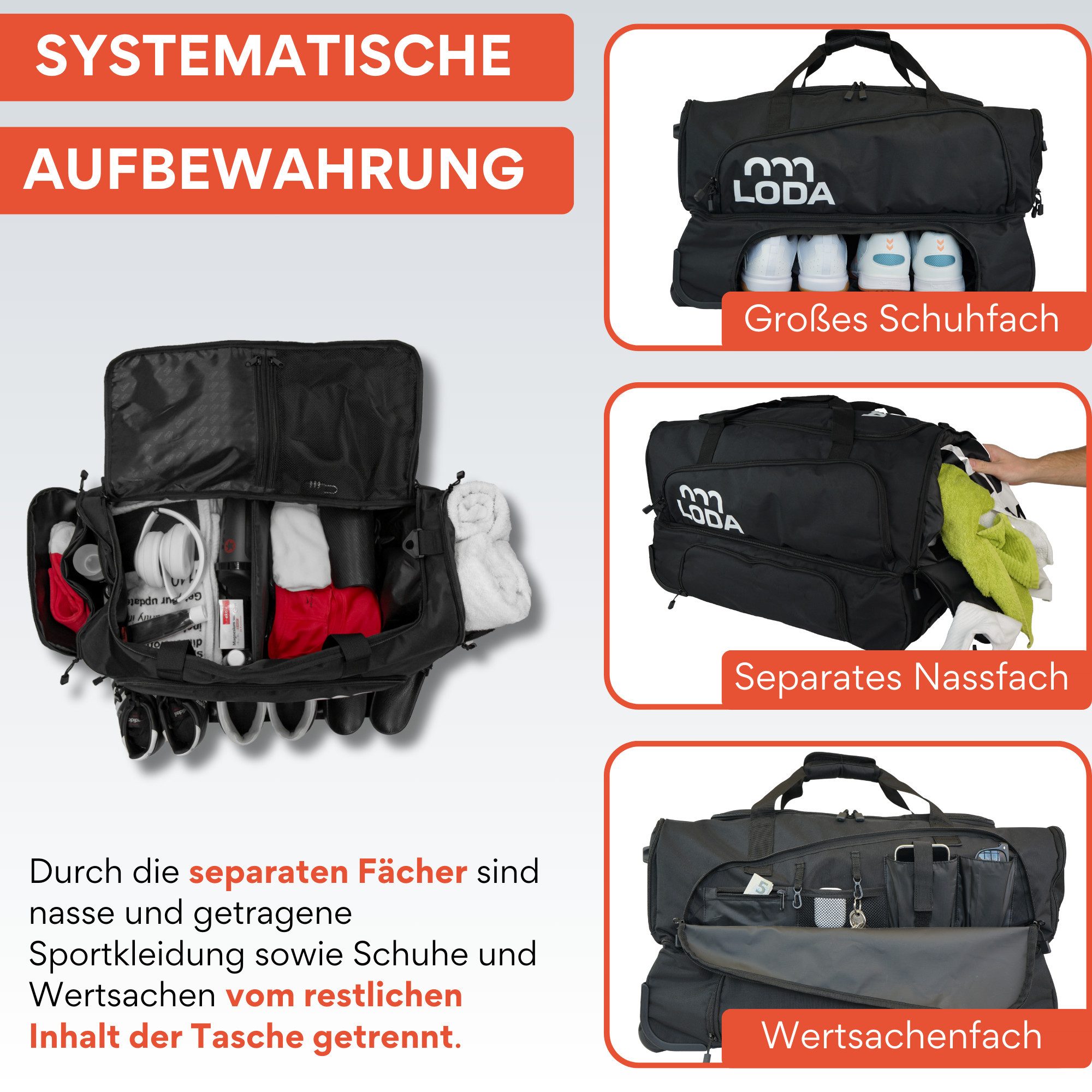 LODA sports Reisetasche trolley 75L - Trolleytasche mit Rollen, Koffergriff & Rucksackfunktion, 60 cm (L) x 34 cm (B) x 37 cm (H), 75 Liter Volumen