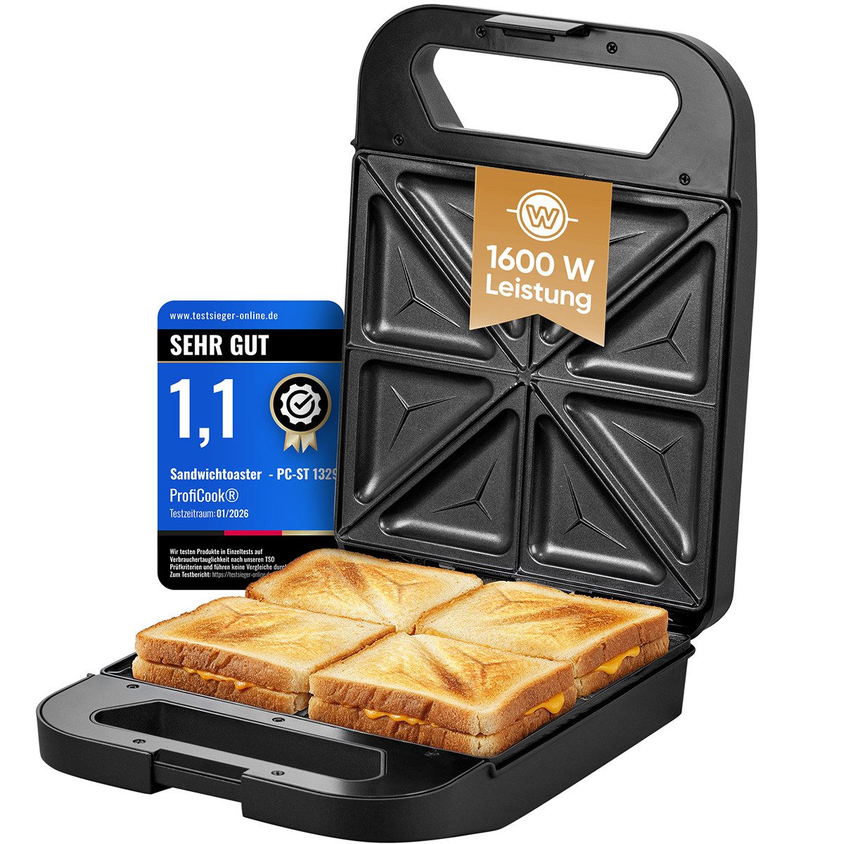 ProfiCook Sandwichmaker PC-ST 1329, Sandwichmaker für 4 Sandwiches, Antihaft, 1600W