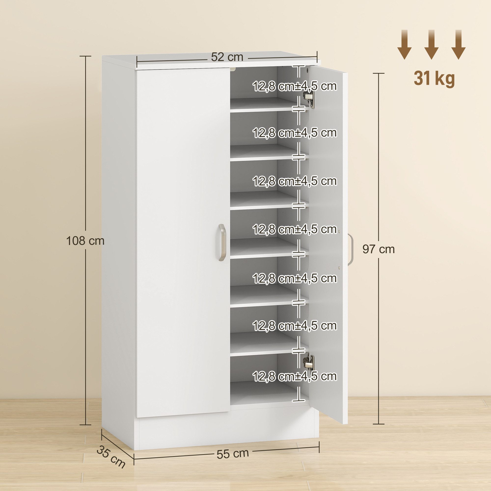 HOMCOM Schuhschrank Schuhkommode mit 2 Türen, 6 verstellbaren Ablagen, Soft-Close (Schuhregal, 1-St., Schuhaufbewahrung) für 14 Paar Schuhe 55 x 35 x 108 cm, Weiß
