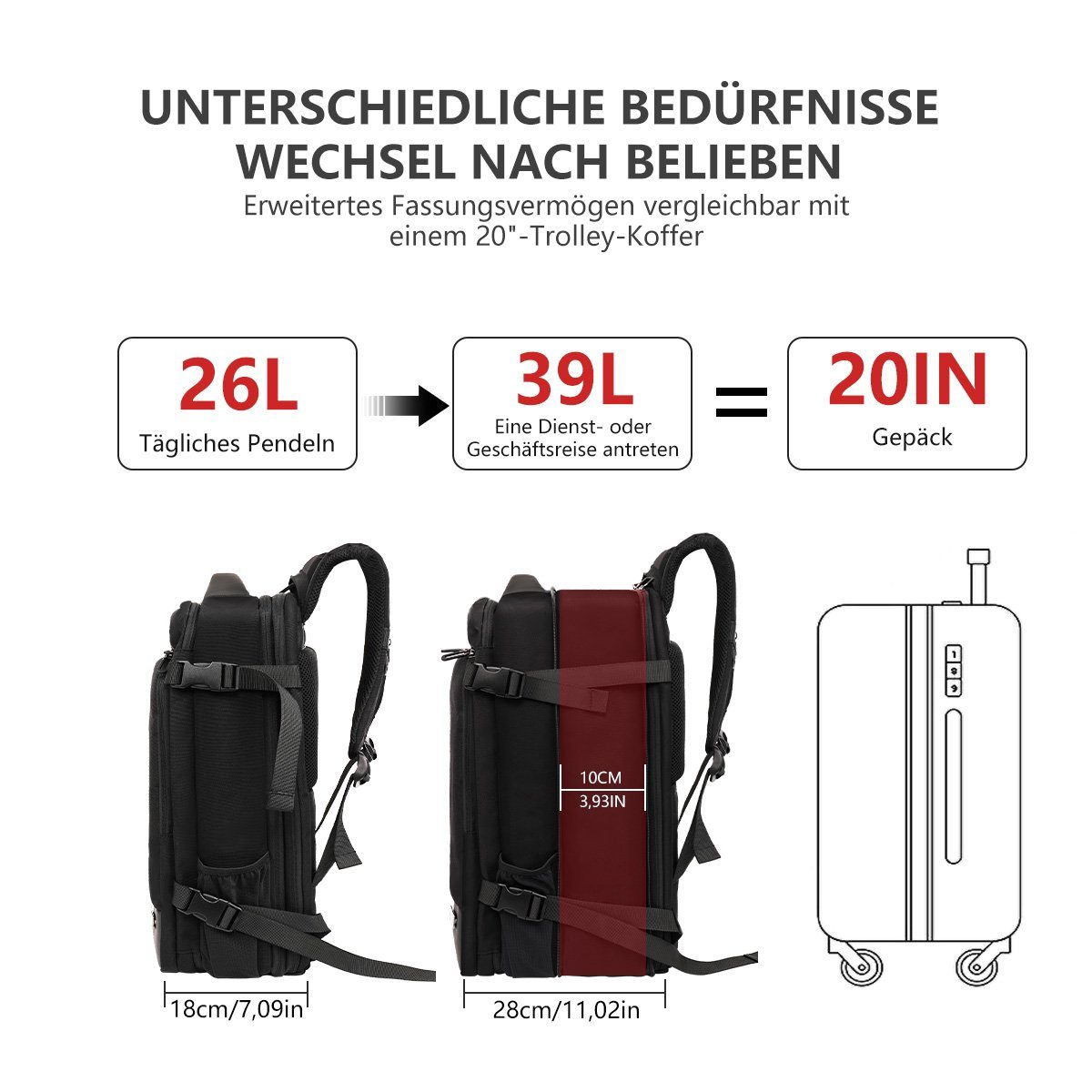 MULISOFT Freizeitrucksack Reiserucksack Erweiterbarer Laptoprucksack und Laptop,Schwarz, 17 Laptopfach 46x32x28cm mit für zoll USB-Ladeanschluss