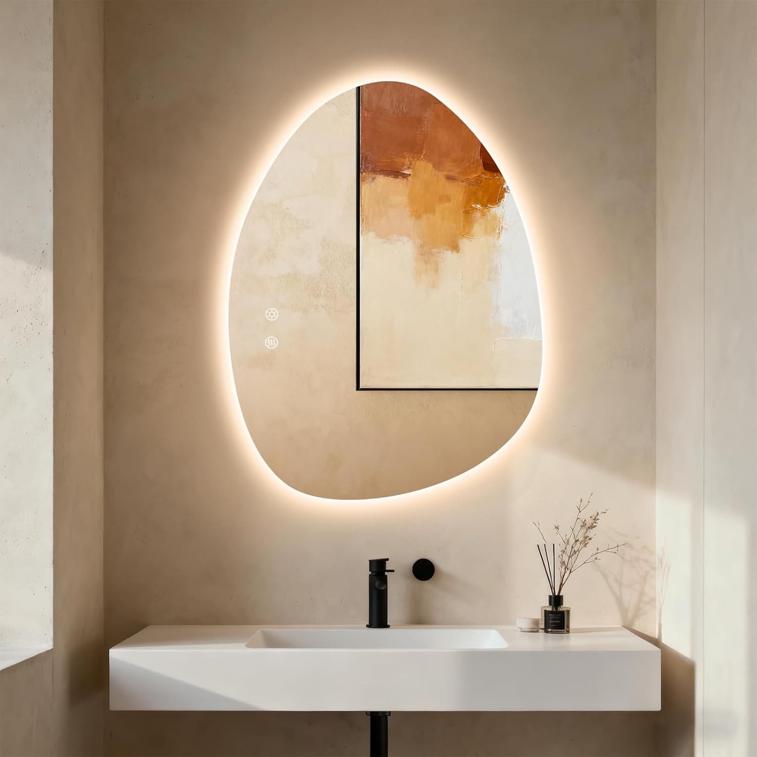 TLGREEN Badspiegel mit Beleuchtung,wandspiegel,Asymmetrisch Dekospiegel, (LED Spiegel mit 3 Lichtfarben dimmbar, gehärtetes Glas, Touch-Schalter, Memory-Funktion), beschlagfrei, moderner Badezimmerspiegel mit Licht