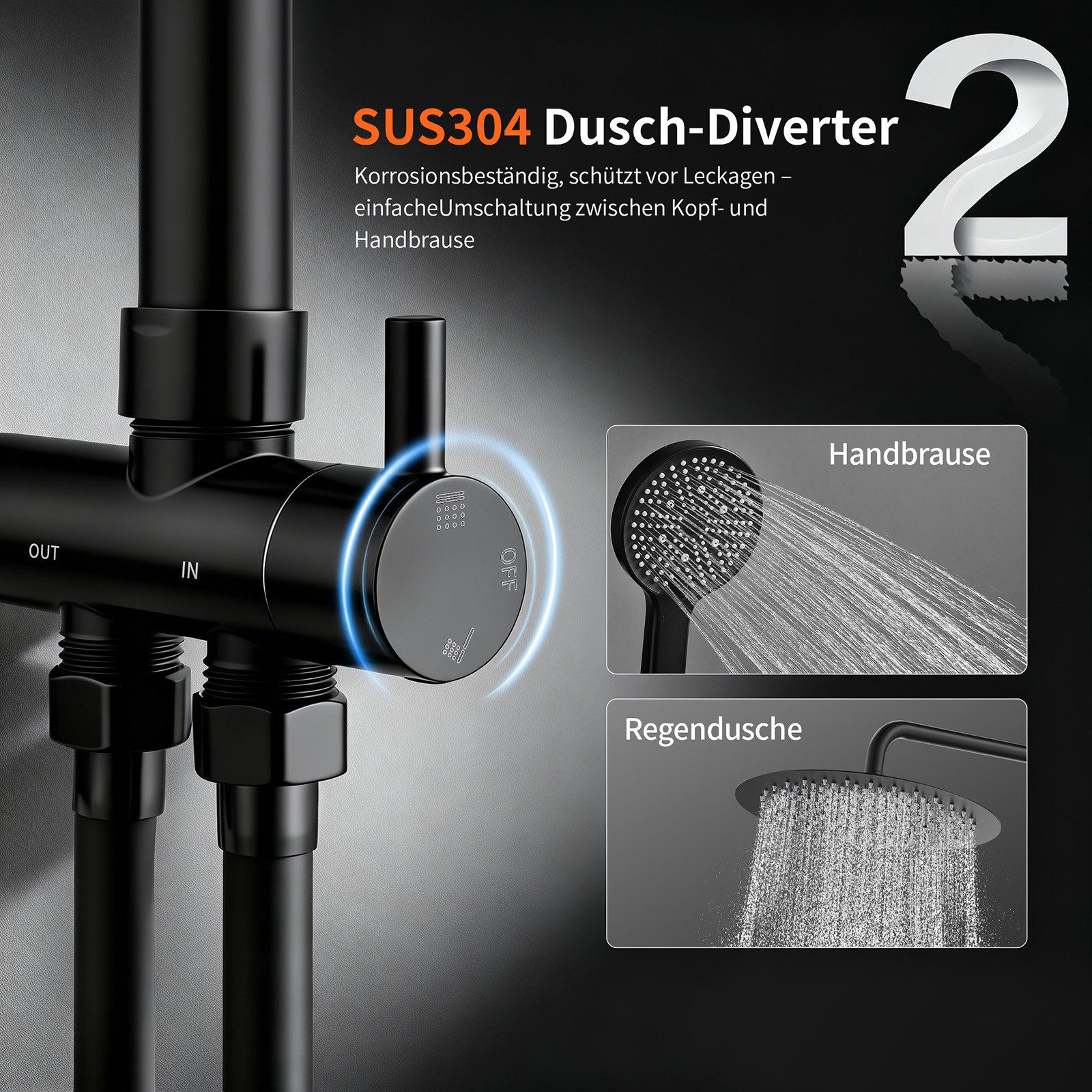 HOMELODY Duschsystem 30cm Regendusche Edelstahl Schwarz Chrom Rund Eckig, Duschset Edelstahl Umsteller höhenverstellbar PVC Schlauch ohne Bohren – Bild 3 von 5