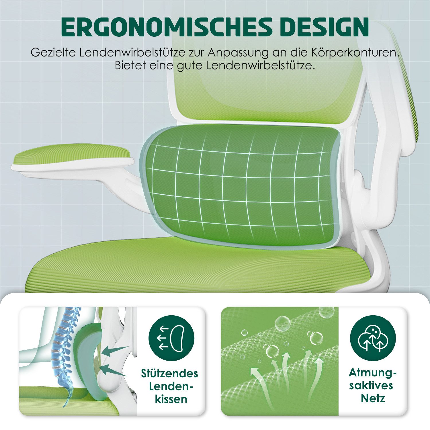 Fukstern Bürostuhl Ergonomischer Bürostuhl mit 90° klappbaren Armlehnen (Verstellbare Kopfstütze, atmungsaktiver Mesh-Bezug, Rücken- und Taillenstütze, Neigung  – Bild 2 von 5
