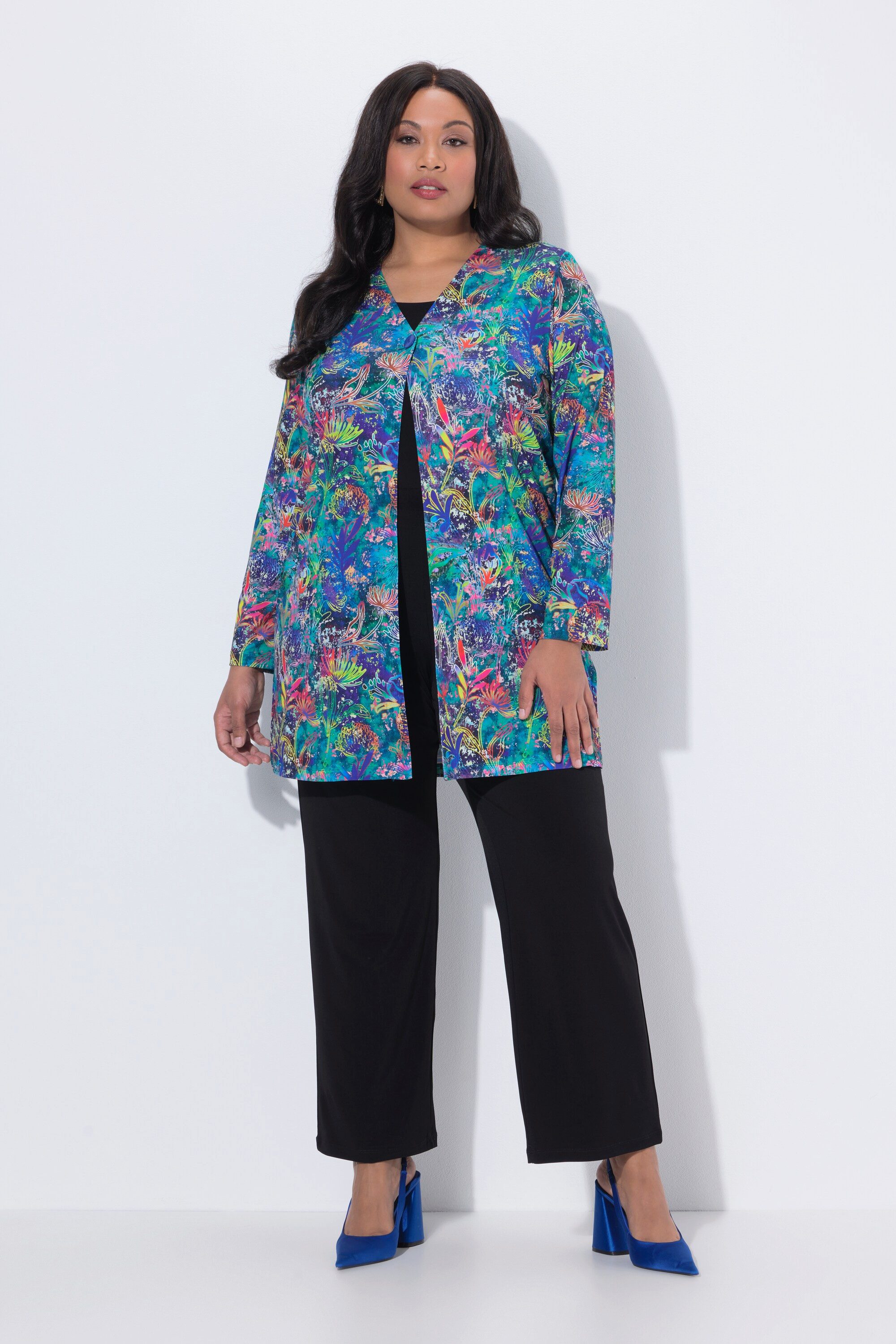 Longshirt Jerseyjacke A-Linie V-Ausschnitt Langarm