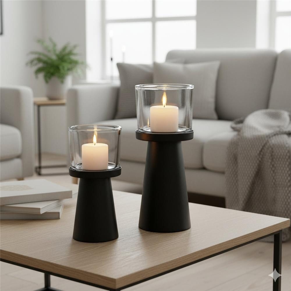 BOLTZE Windlicht Kerzenhalter Pius 2er Set Metall schwarz, skandinavisch, pulverbeschichtet, mit Klarglas, kompakt