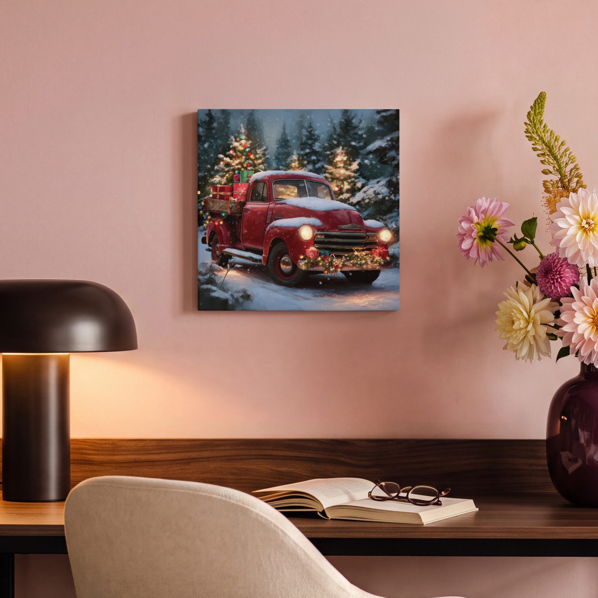 OneMillionCanvasses® Leinwandbild Weihnachts-LKW - Schneewald - Rot, Fotodruck (1 St), Leinwand Canvas Wandbild, Wanddekoration 20x30 cm – Bild 4 von 5